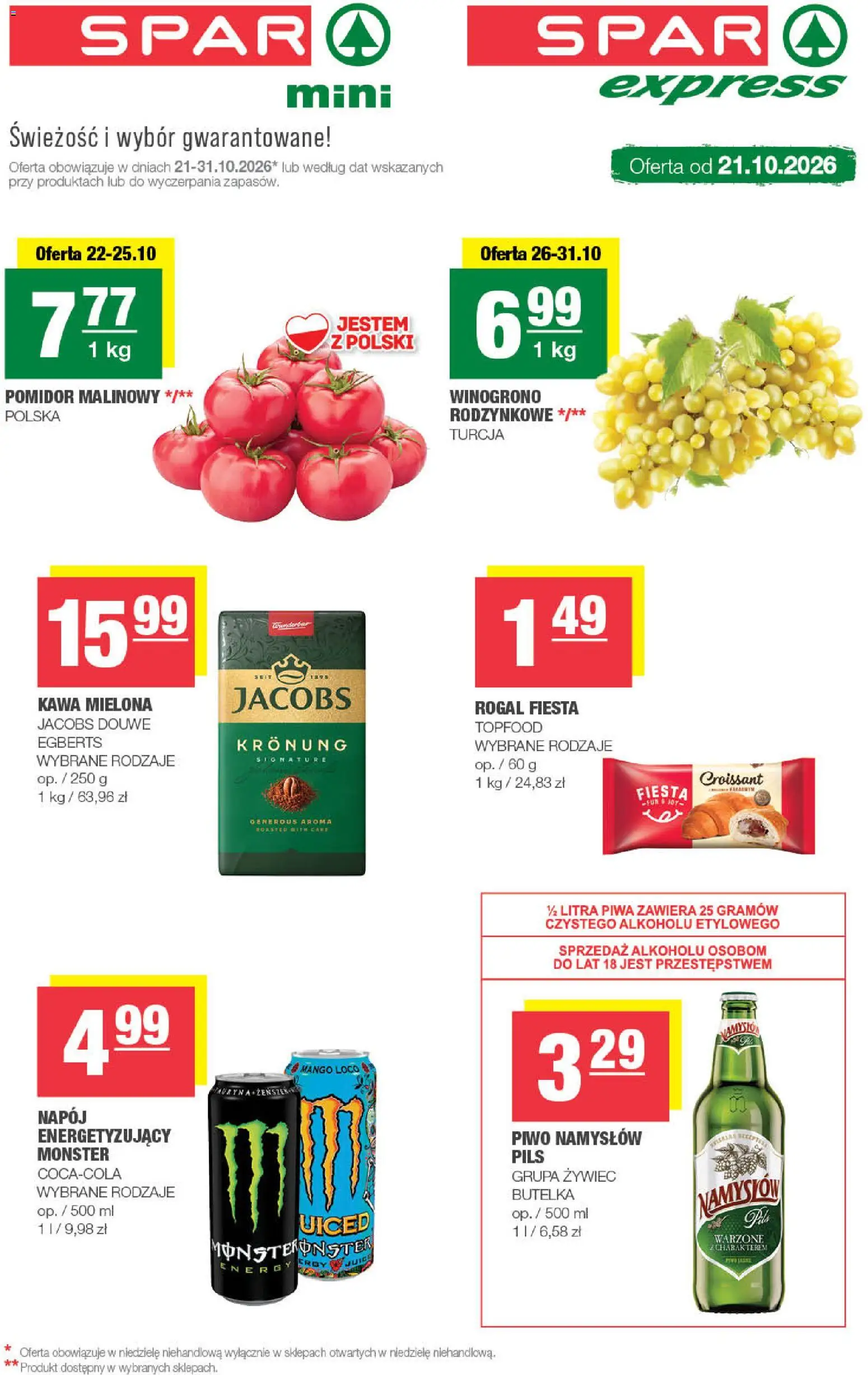 Pogląd gazetki "Spar gazetka - Mini" ze sklepu Spar ważnej od 21.10.2026 - Mango, Kawa, Piwo, Croissant, Jacobs, Pomidor, Winogrono, Pomidor malinowy
