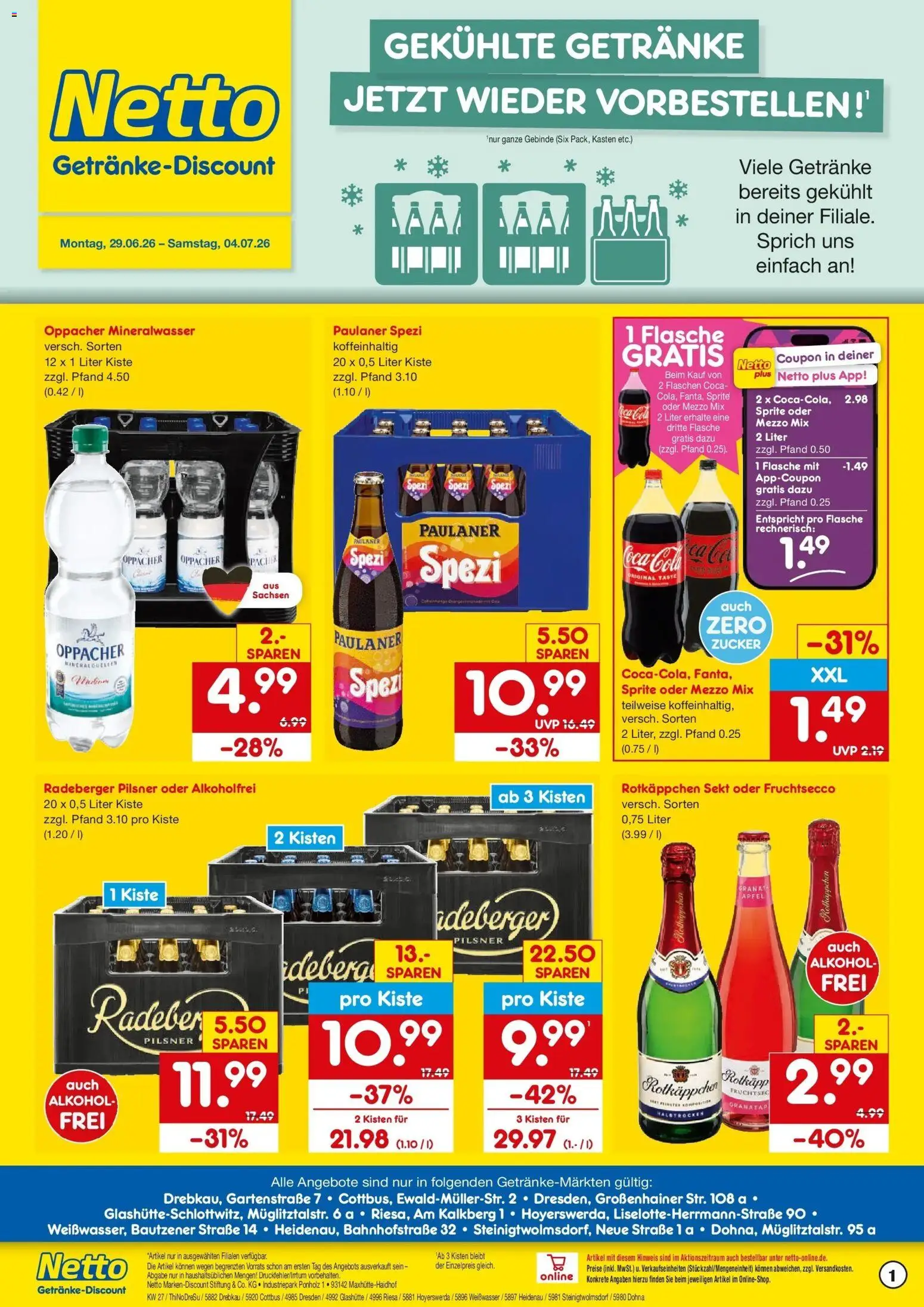 Vorschau von dem Prospekt des Geschäftes Netto Marken-Discount, gültig ab dem 29.06.2026 - Mineralwasser, Alkohol, Paulaner spezi, Zucker, Paulaner, Sekt, Fruchtsecco, Oder mezzo mix