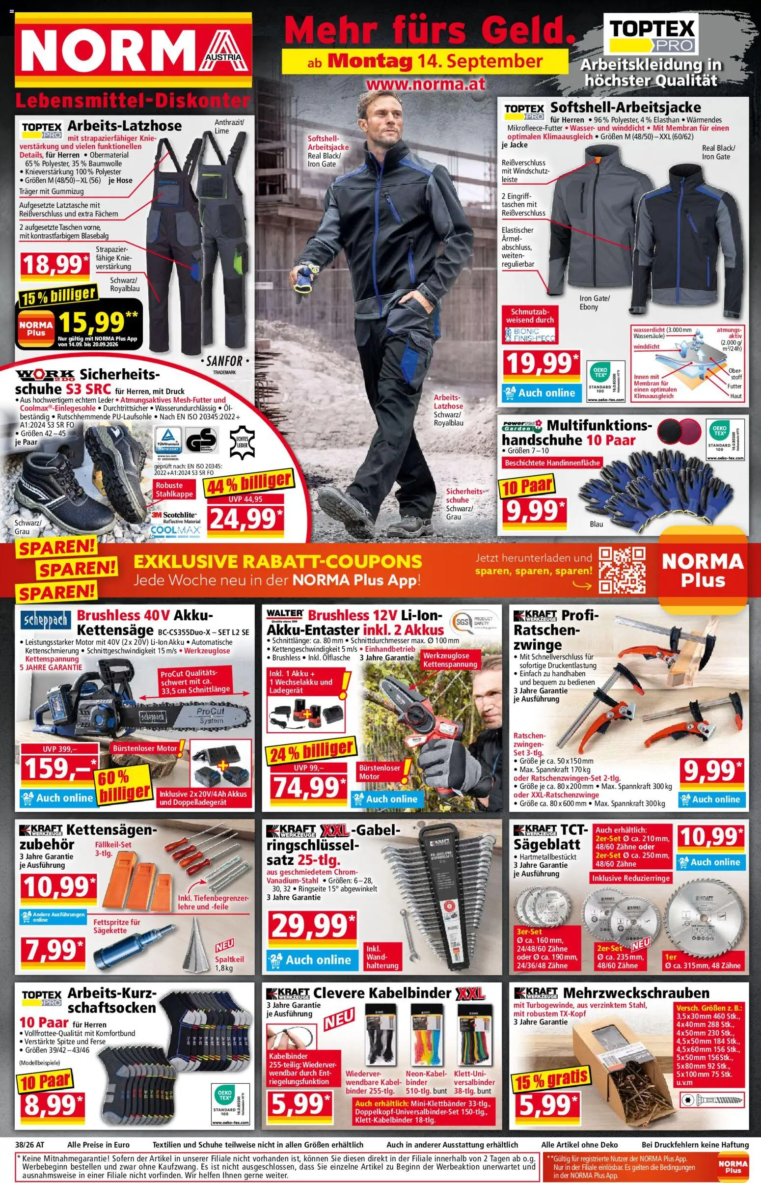 Vorschau der Angebote: Norma Norma Flugblatt gültig ab 14.09.2026 - Wasser, Öl, Jacke, Hose, Handschuhe, Kabel