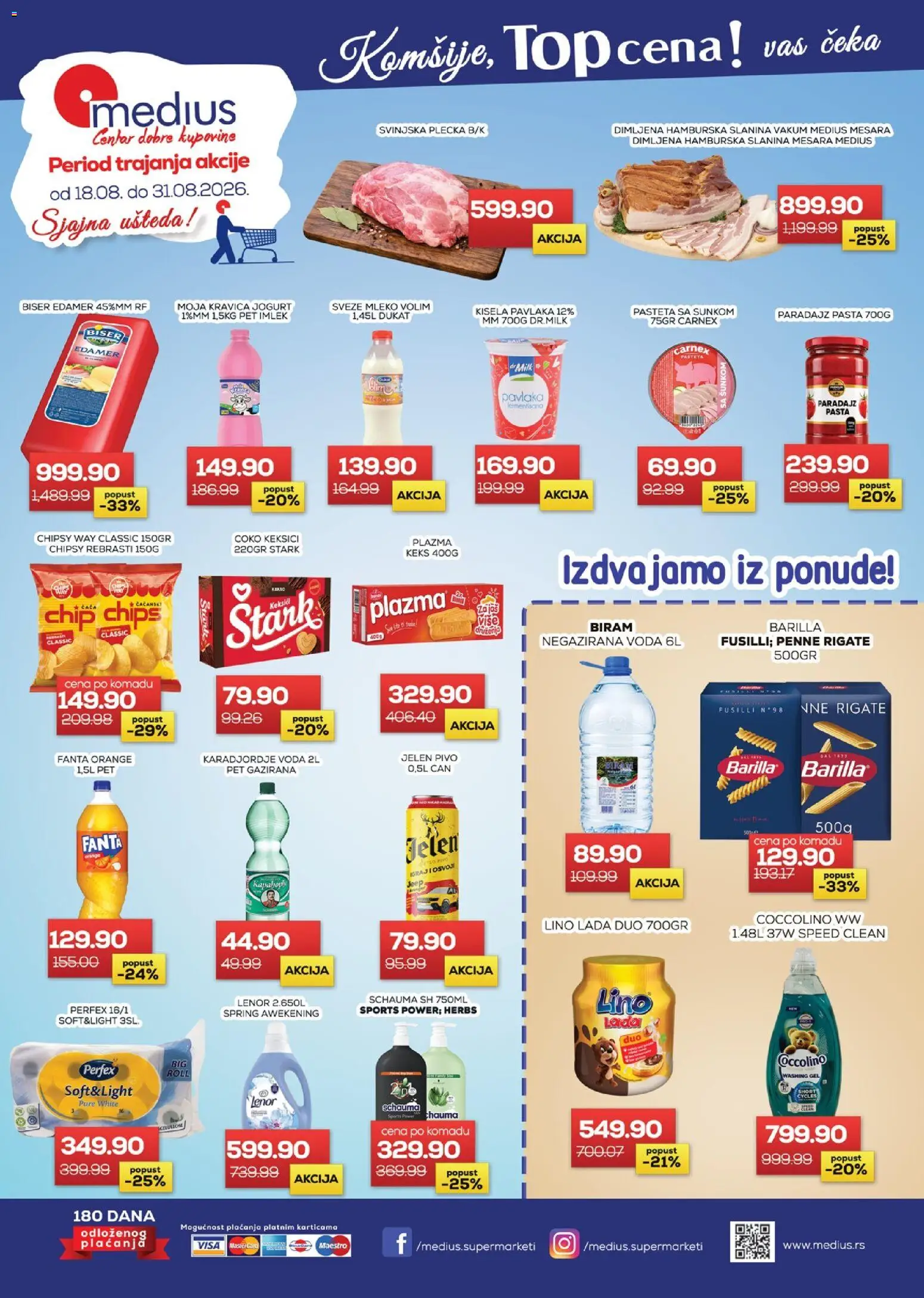 Pregled Medius kataloga - važi od 18.08.2026 - Paradajz, Lino lada, Pavlaka, Mleko, Kisela pavlaka, Barilla, Edamer, Coccolino