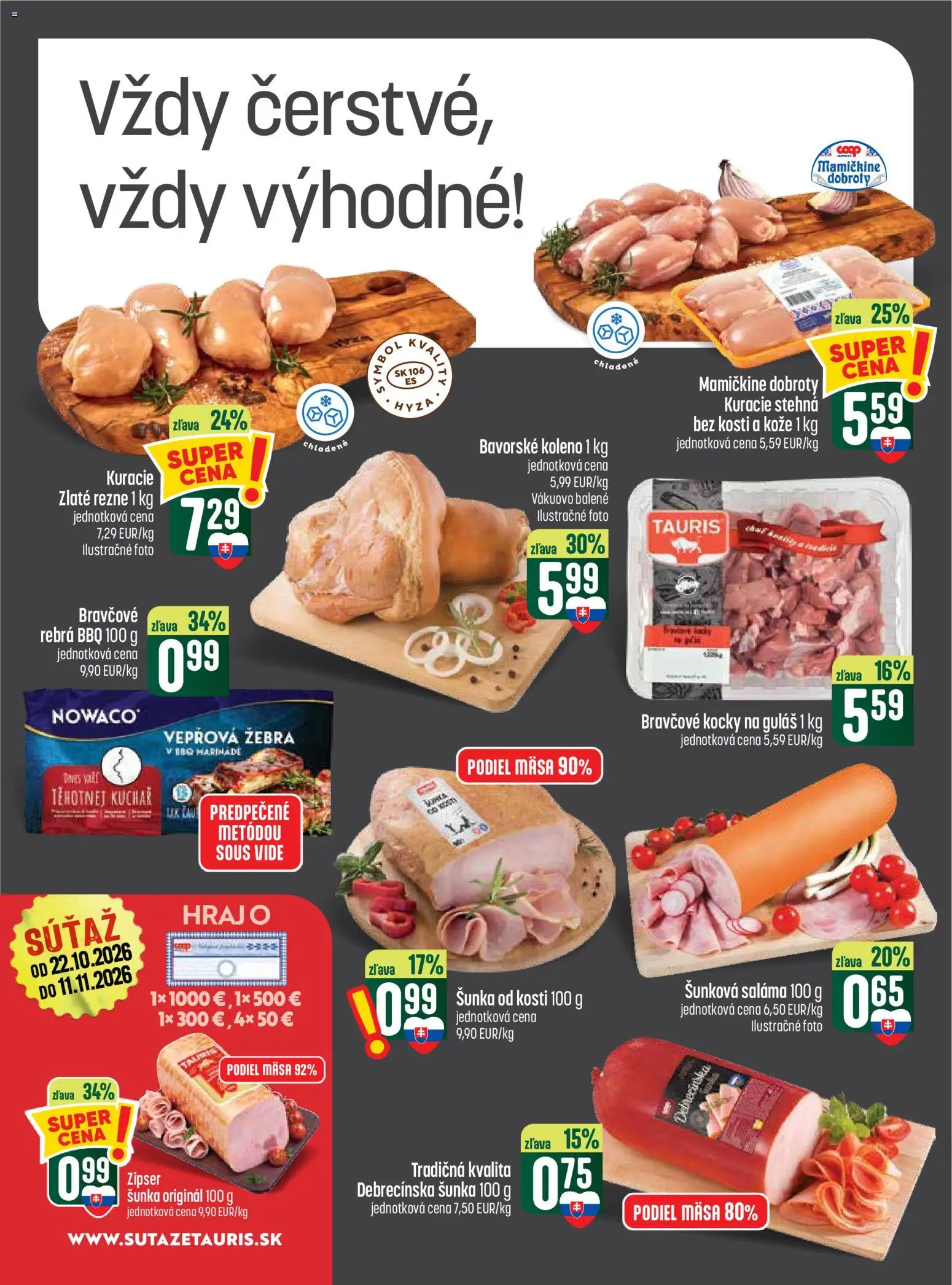 Náhľad COOP Jednota letáku platného od 29.10.2026 - Kuracie stehná, Šunka, Koleno, Rezne, Saláma, Bravčové kocky, Bravčové rebrá, Stehná
