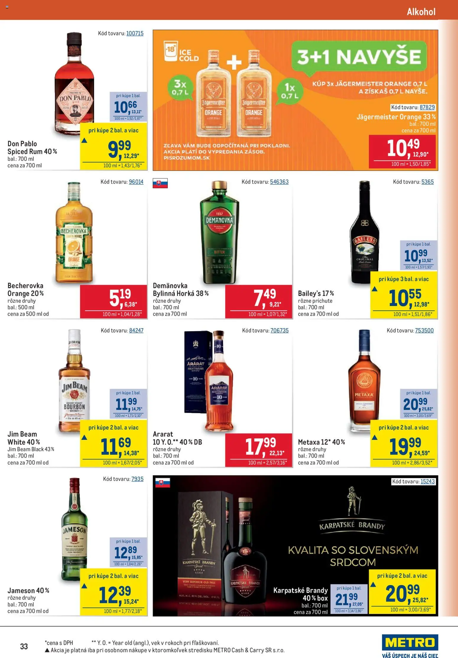 Náhľad Metro letáku platného od 21.10.2026 - Alkohol, Baileys, Jägermeister, Metaxa, Jim Beam, Bourbon, Brandy, Jägermeister Orange