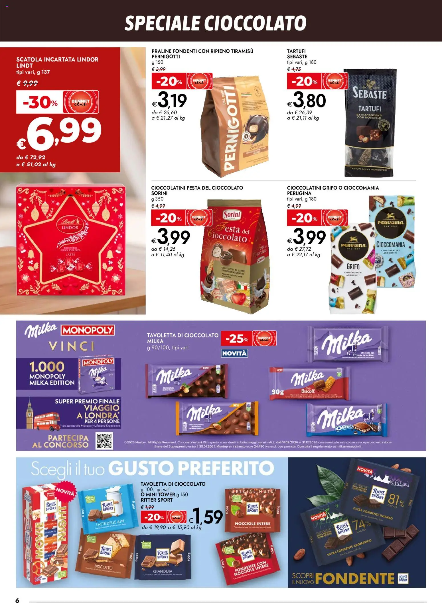 Anteprima dell'opuscolo bennet volantino Cioccolato che bontà dal negozio bennet valido da 29/10/2026 - Latte, Dolci, Cioccolato, Lindt, Nocciole, Cacao, Cioccolatini, Scatola