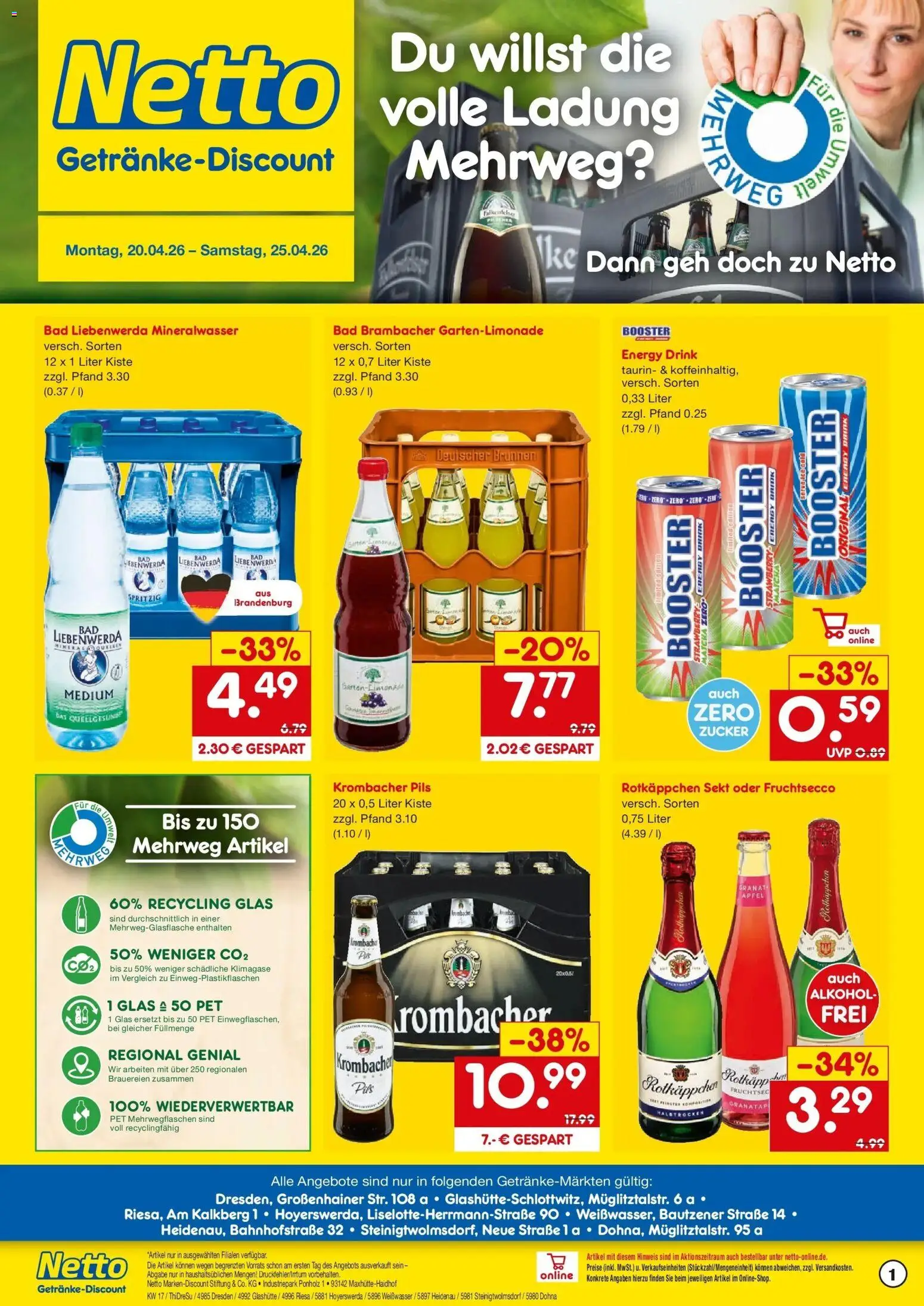 Vorschau von dem Prospekt des Geschäftes Netto Marken-Discount, gültig ab dem 20.04.2026 - Bad, Mineralwasser, Rotkäppchen, Zucker, Sekt, Pils, Fruchtsecco, Rotkappchen sekt