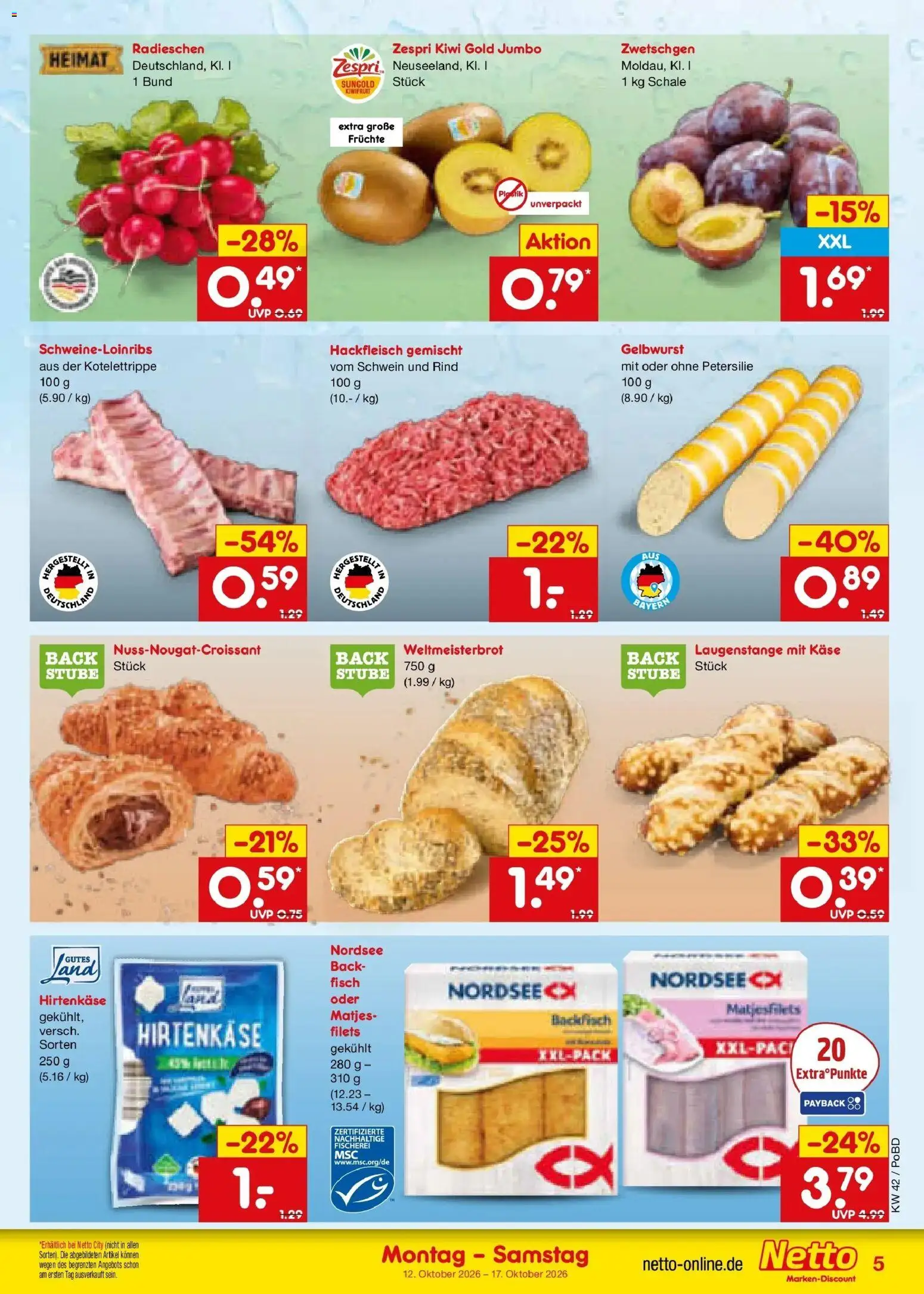 Vorschau von dem Prospekt des Geschäftes Netto Marken-Discount, gültig ab dem 12.10.2026 - Käse, Fisch, Kiwi, Petersilie, Hackfleisch, Zwetschgen