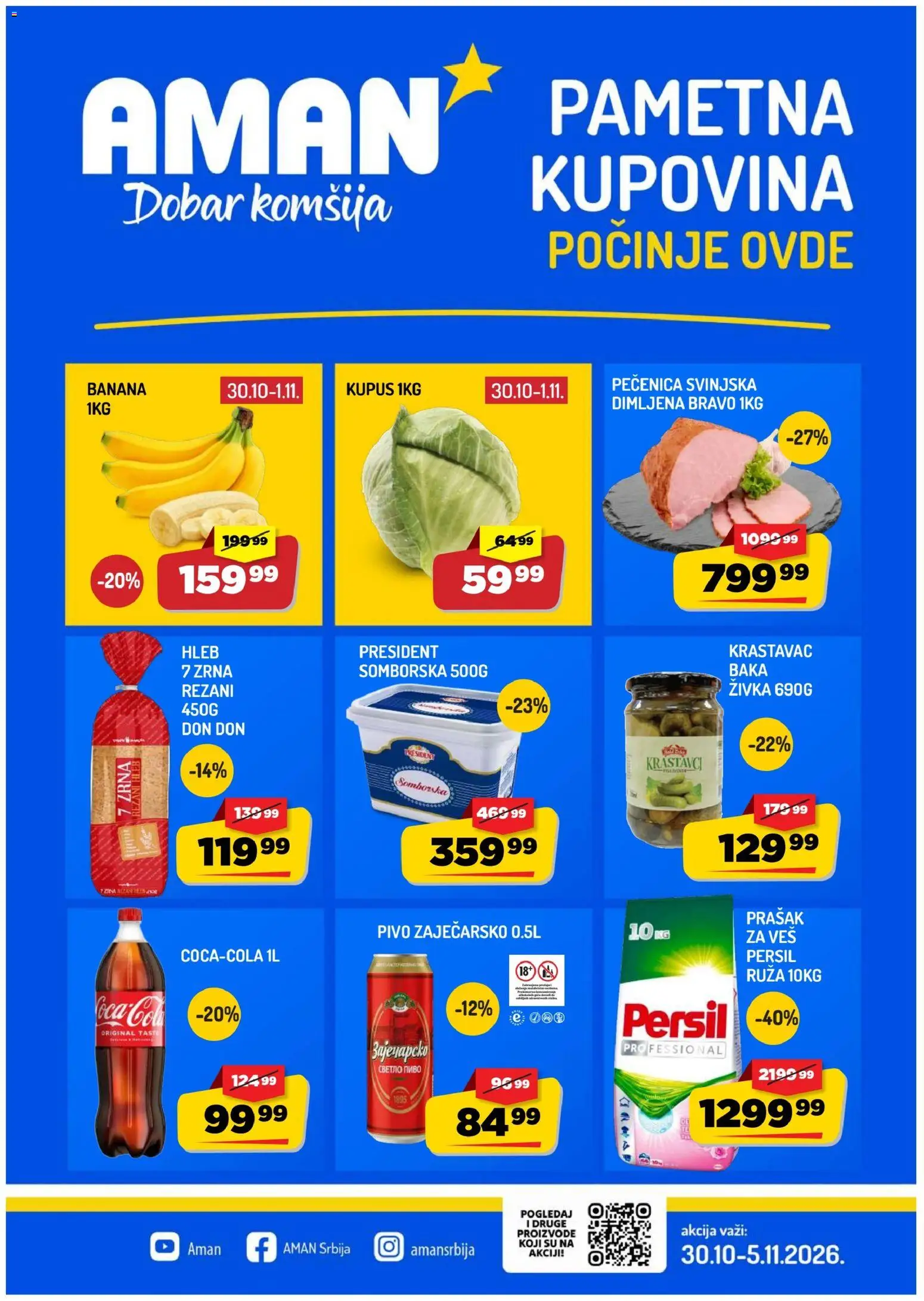 Pregled Aman kataloga - važi od 30.10.2026 - Banana, Hleb, Prašak za veš, Zaječarsko pivo, Banane, Persil, Pečenica, Krastavci