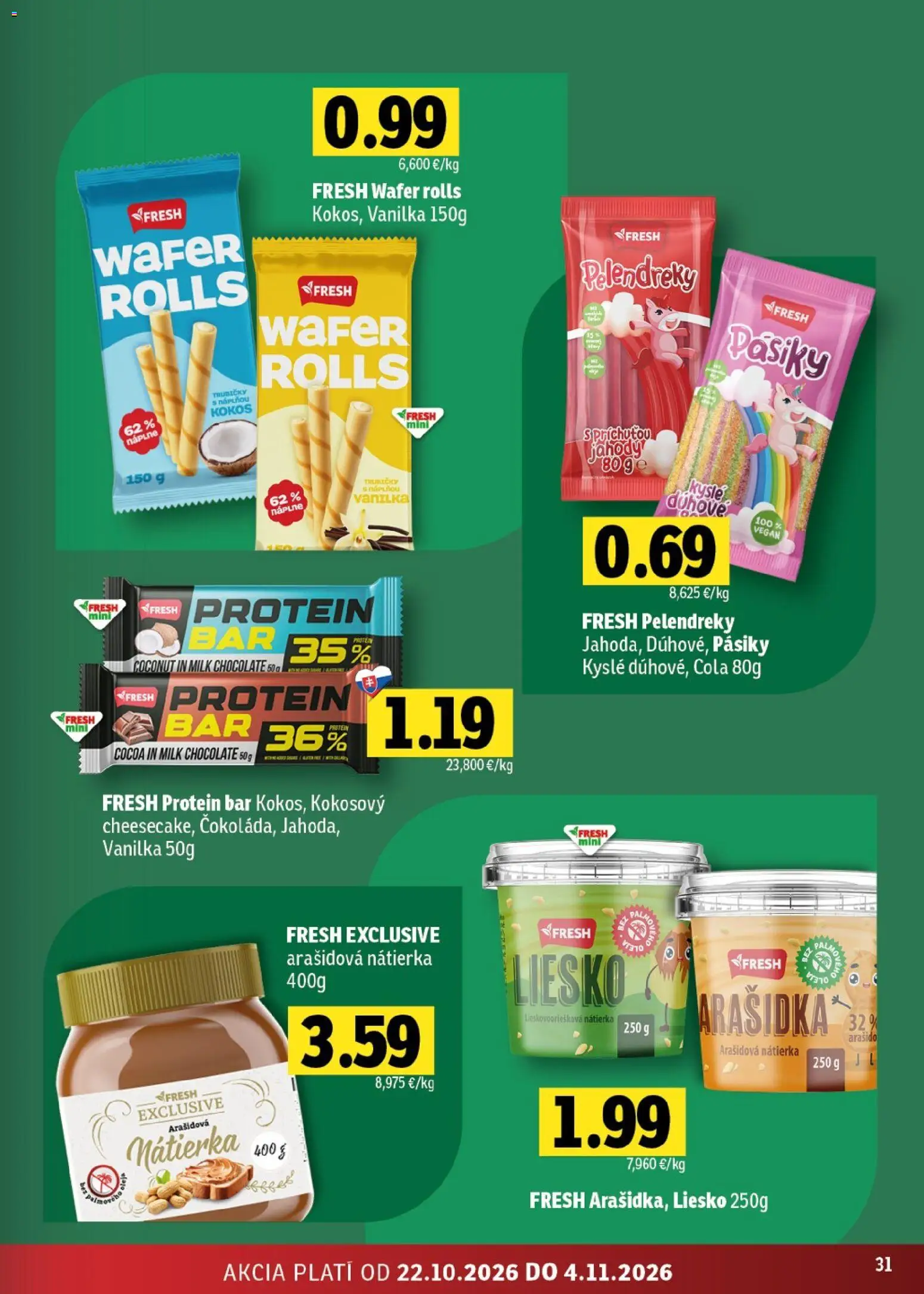 Náhľad Fresh letáku platného od 22.10.2026 - Protein, Kokos, Jahody, Vanilka, Trubičky, Cola, Nátierka
