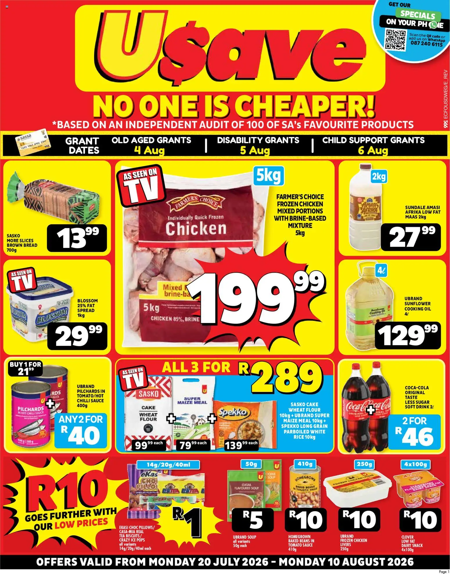 Preview of Usave flyer valid from 20/07/2026 - Bread, Flour, Beans, Tomato sauce, Chilli, Pilchards, Spread, Frozen chicken