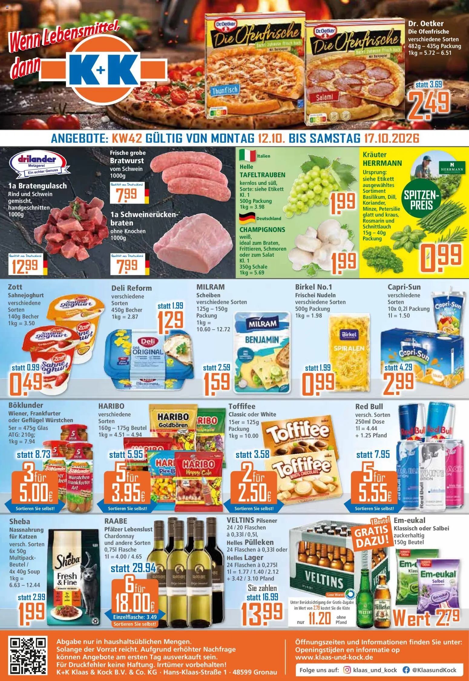 Vorschau von dem Prospekt des Geschäftes Klaas & Kock, gültig ab dem 12.10.2026 - Red bull, Cola, Bratwurst, Petersilie, Capri sun, Veltins, Schweinerucken, Milram