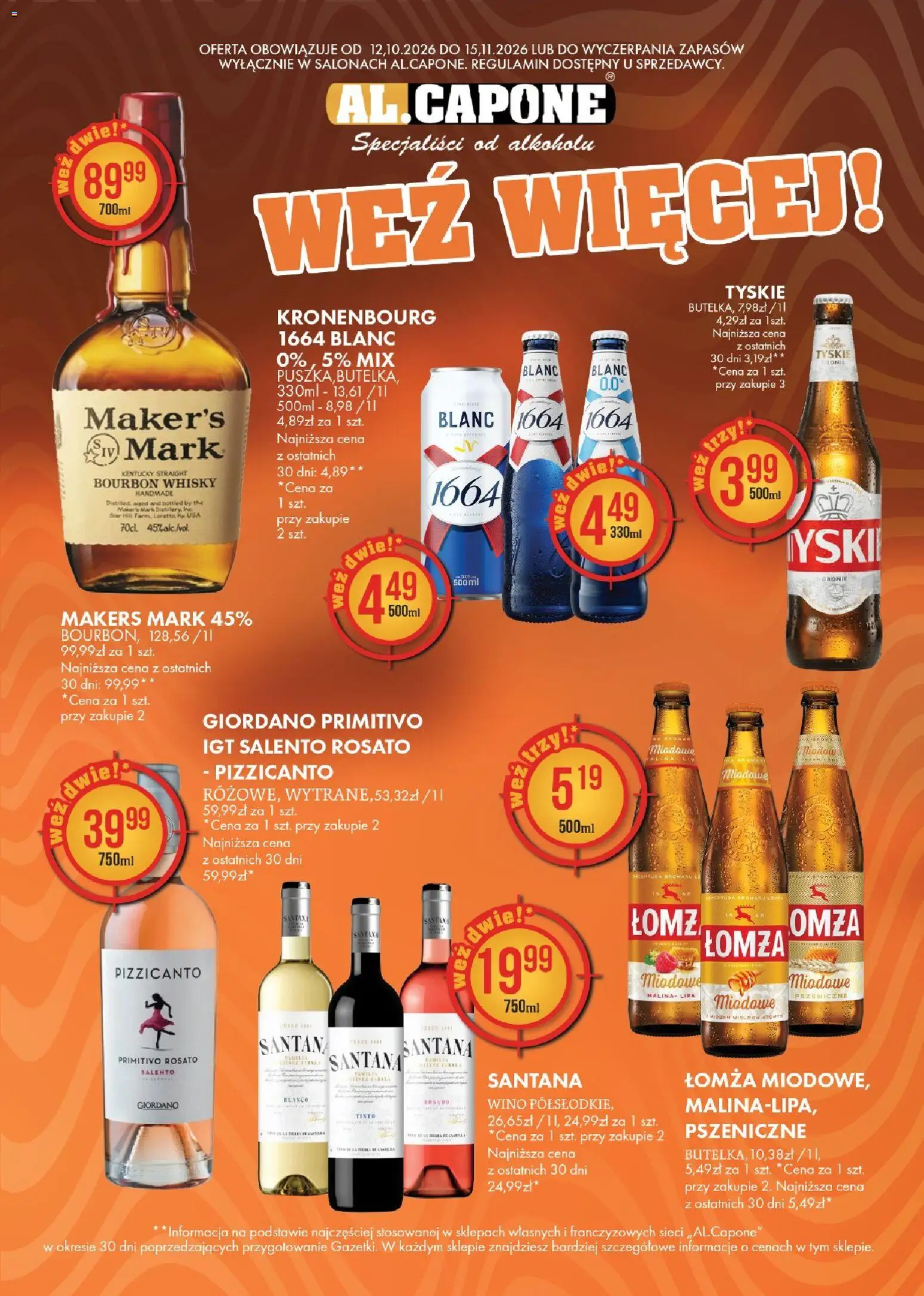 Pogląd gazetki "Al.Capone gazetka" ze sklepu Al.Capone ważnej od 12.10.2026 - Whisky, Wino, Malina, Bourbon, Tyskie, Primitivo, Bourbon whisky