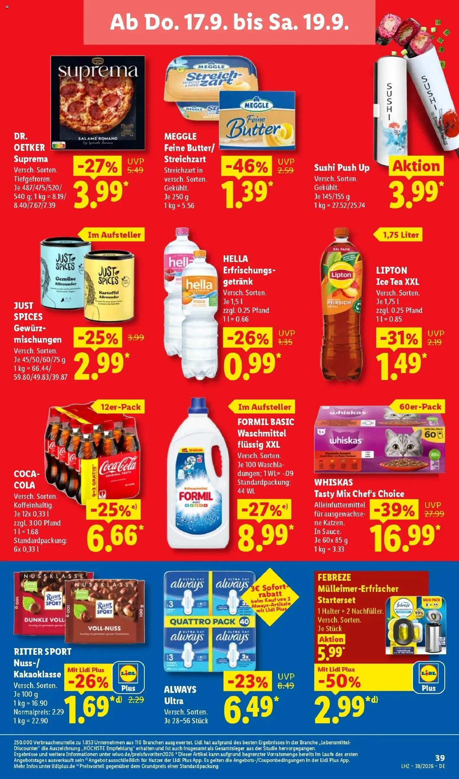 Vorschau von dem Prospekt des Geschäftes Lidl, gültig ab dem 14.09.2026 - Pizza, Butter, Cola, Ritter sport, Pfirsich, Waschmittel, Hella, Whiskas