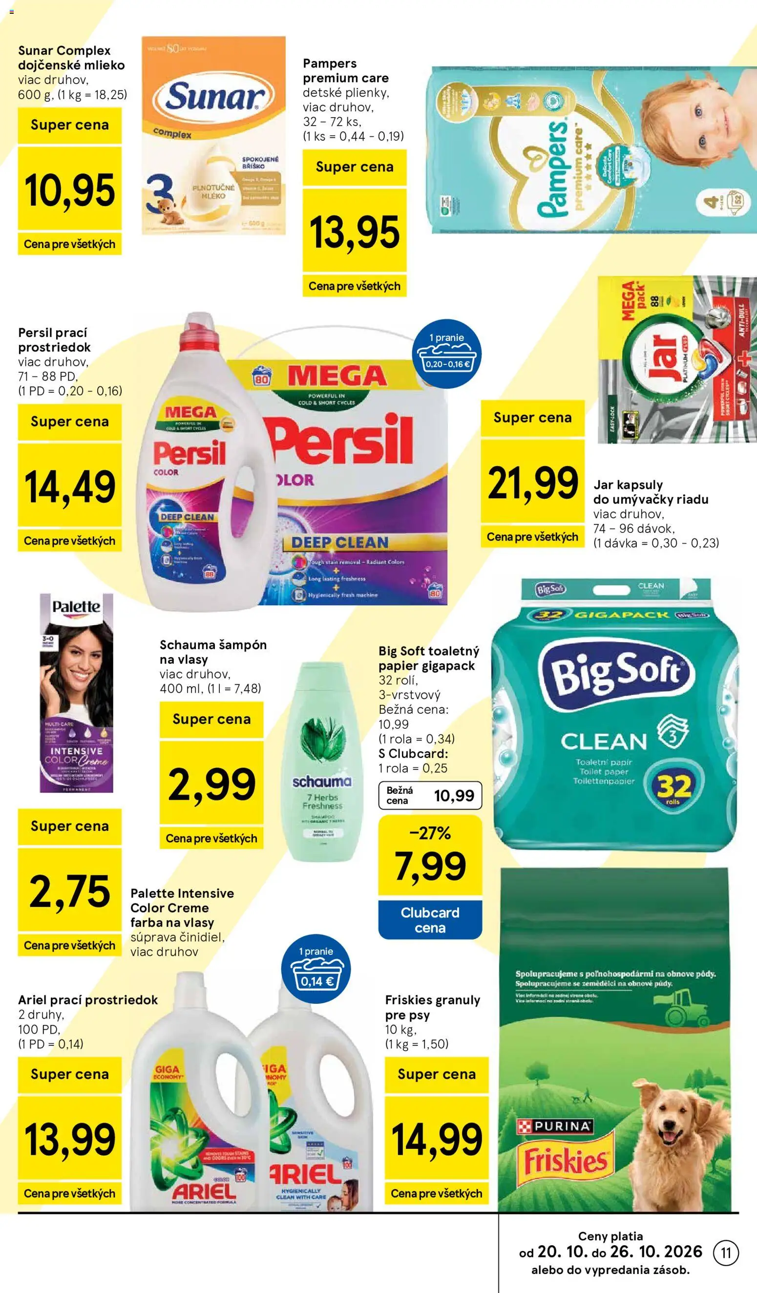 Náhľad Tesco letáku platného od 21.10.2026 - Toaletný papier, Sunar, Plienky, Granule, Friskies, Detské plienky, Kapsuly do umývačky riadu, Dojčenské mlieko