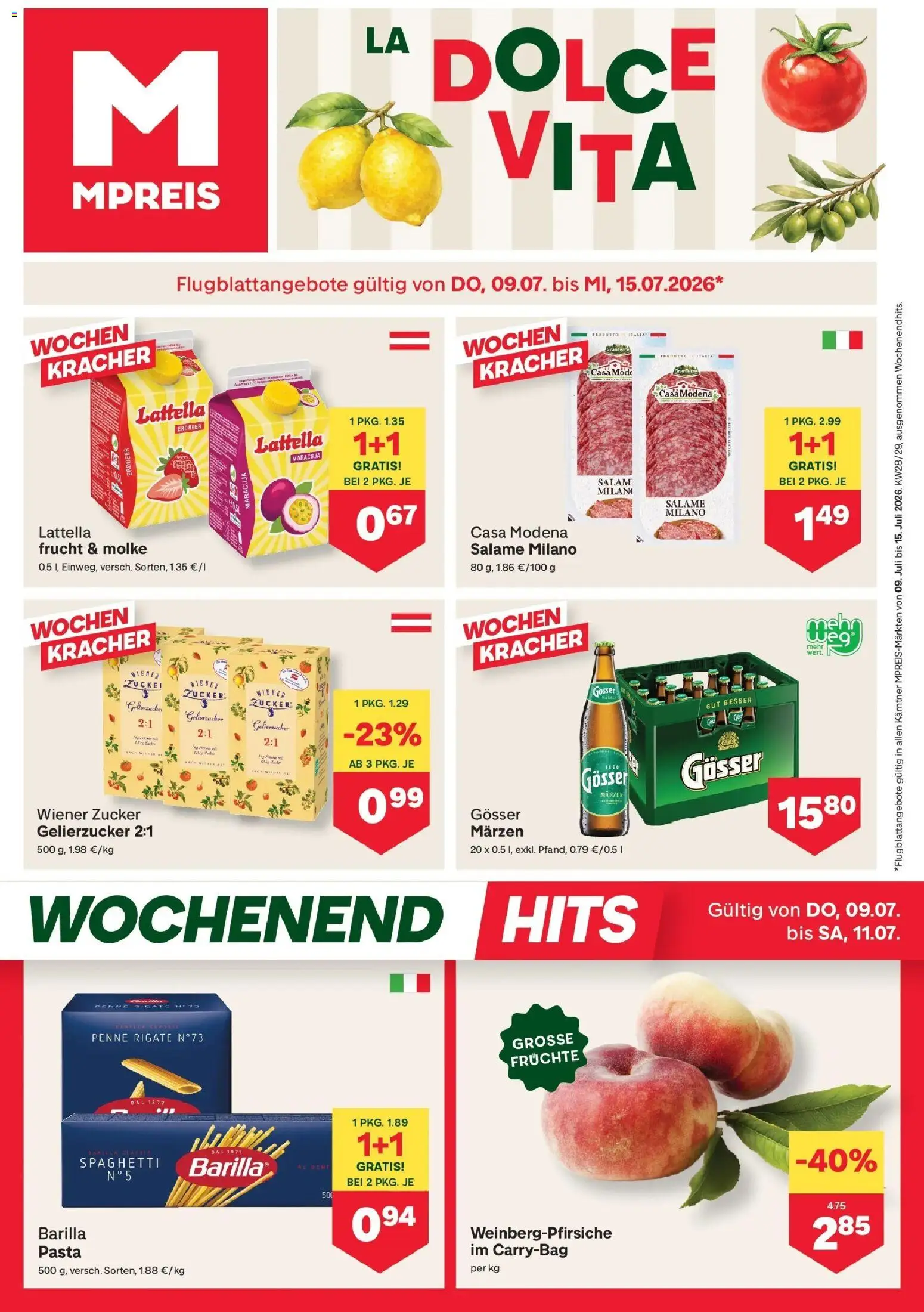 Vorschau der Angebote: MPREIS MPREIS Velden gültig ab 09.07.2026 - Pasta, Spaghetti, Zucker, Barilla, Gelierzucker