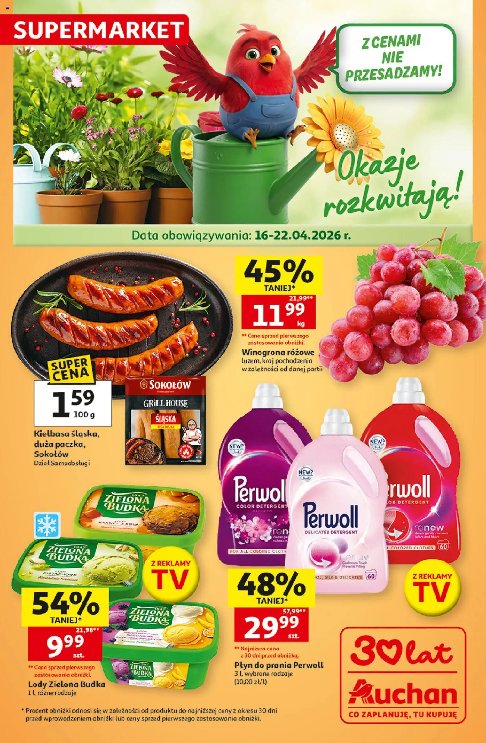 Pogląd gazetki "Auchan gazetka" ze sklepu Auchan ważnej od 16.04.2026 - Lody, Grill, Kiełbasa, Winogrona, Perwoll, Detergent, Lody Zielona Budka, Płyn do prania Perwoll