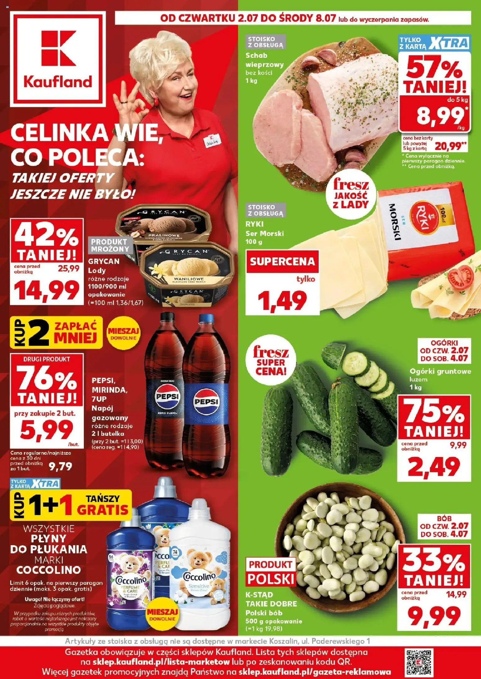 Pogląd gazetki "Kaufland gazetka" ze sklepu Kaufland ważnej od 02.07.2026 - Grycan, Pepsi, Ogórki gruntowe, Coccolino, Lody Grycan, Grycan lody, Schab wieprzowy, Lody waniliowe