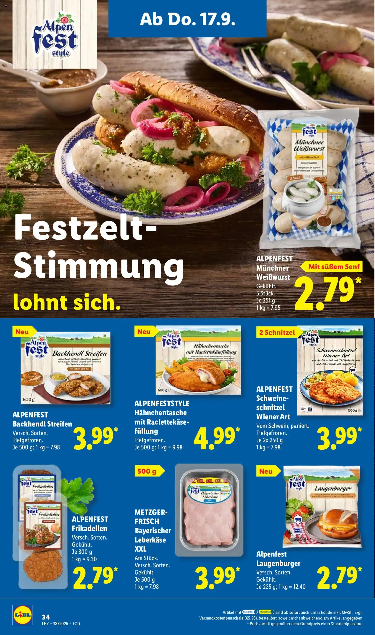 Vorschau von dem Prospekt des Geschäftes Lidl, gültig ab dem 14.09.2026 - Burger, Schnitzel, Raclette, Fleisch, Weißwurst, Leberkase, Raclettekäse