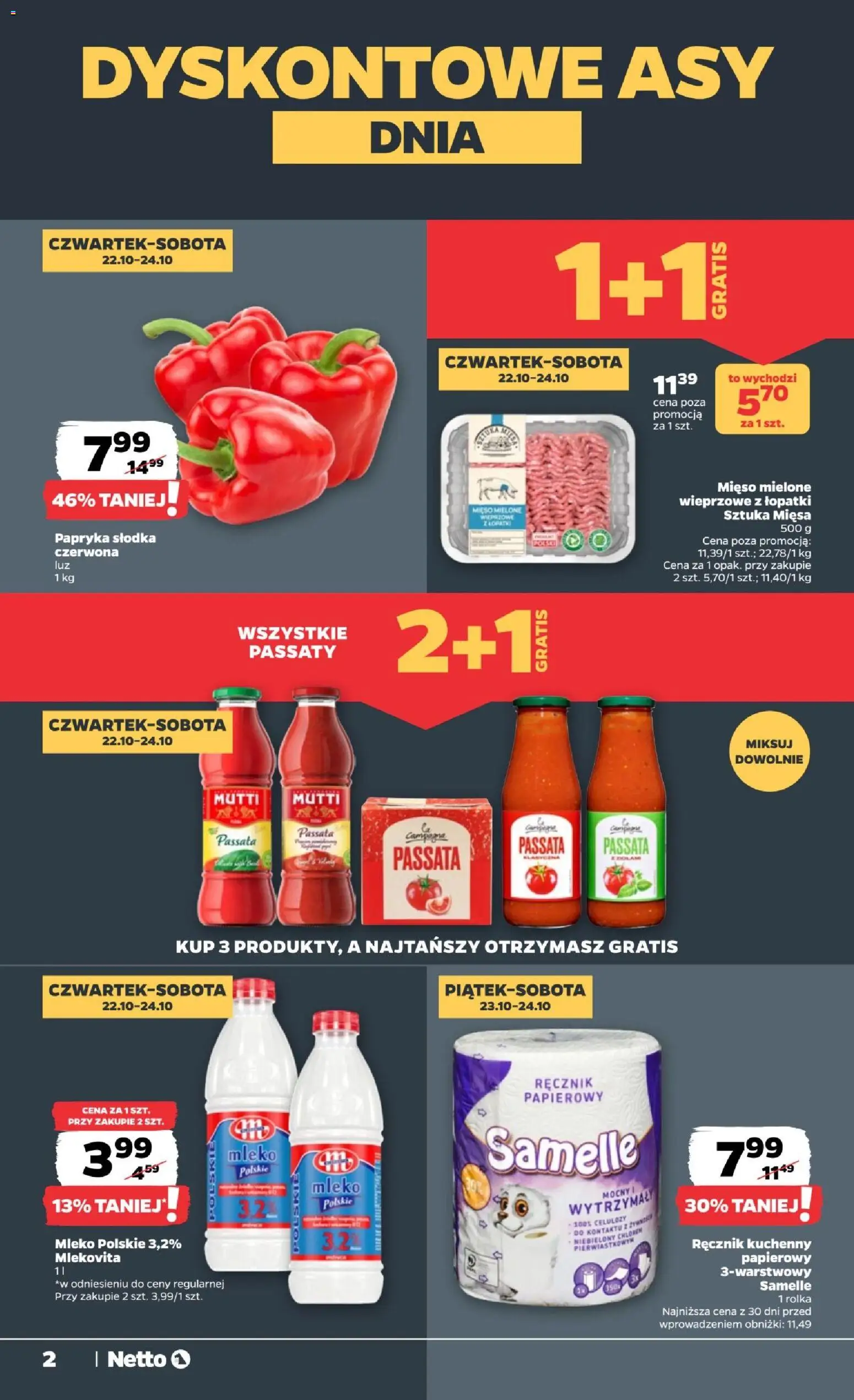 Pogląd gazetki "Netto gazetka od czwartku" ze sklepu Netto ważnej od 22.10.2026 - Mleko, Mięso, Bell, Papryka, Mięso mielone, Ręcznik papierowy, Czerwona papryka, Ręcznik kuchenny
