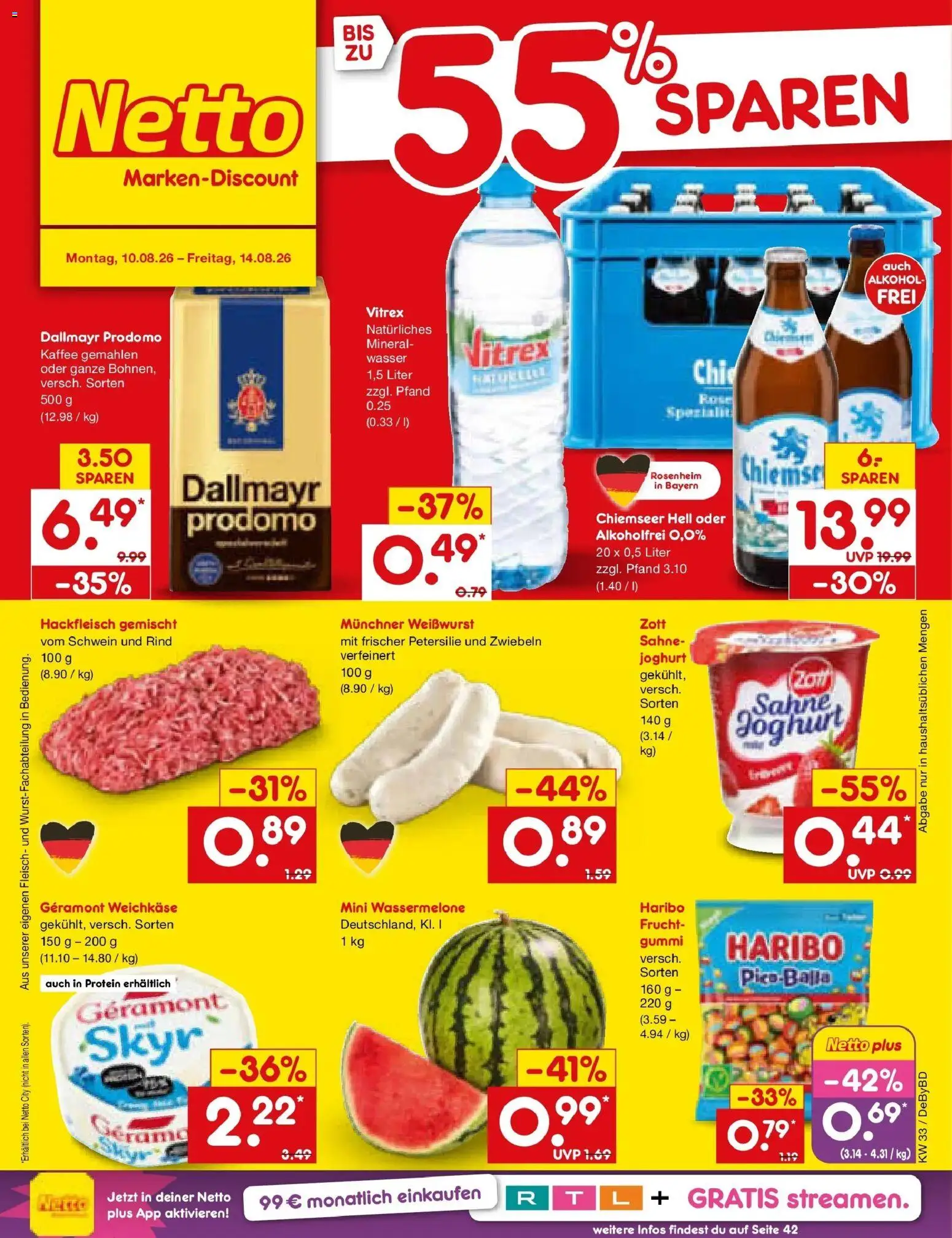 Vorschau von dem Prospekt des Geschäftes Netto Marken-Discount, gültig ab dem 10.08.2026 - Joghurt, Skyr, Alkohol, Fleisch, Hackfleisch, Wassermelone, Dallmayr prodomo, Geramont