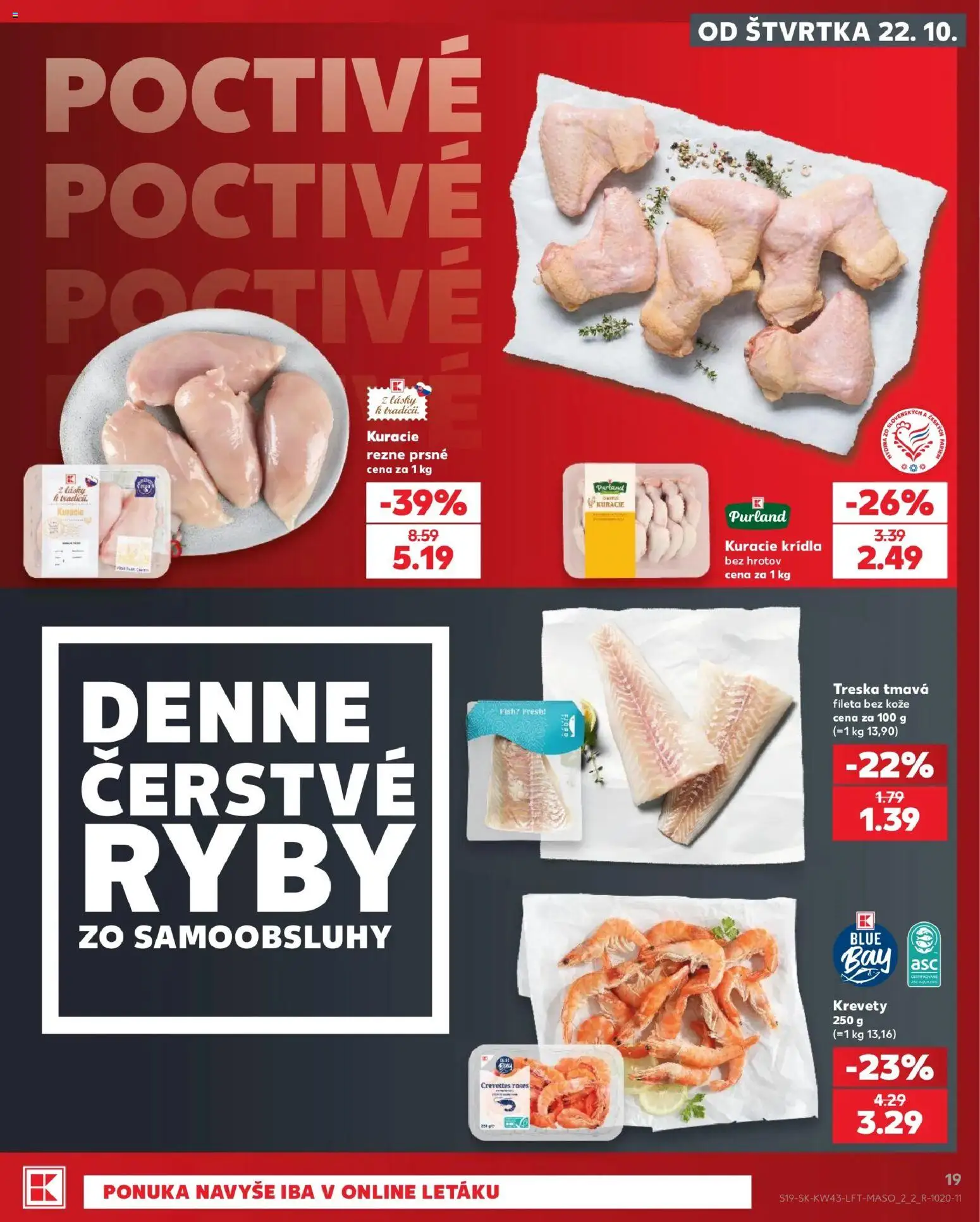 Náhľad Kaufland letáku platného od 22.10.2026 - Ryby, Krevety, Treska, Kuracie rezne, Kuracie krídla, Rezne