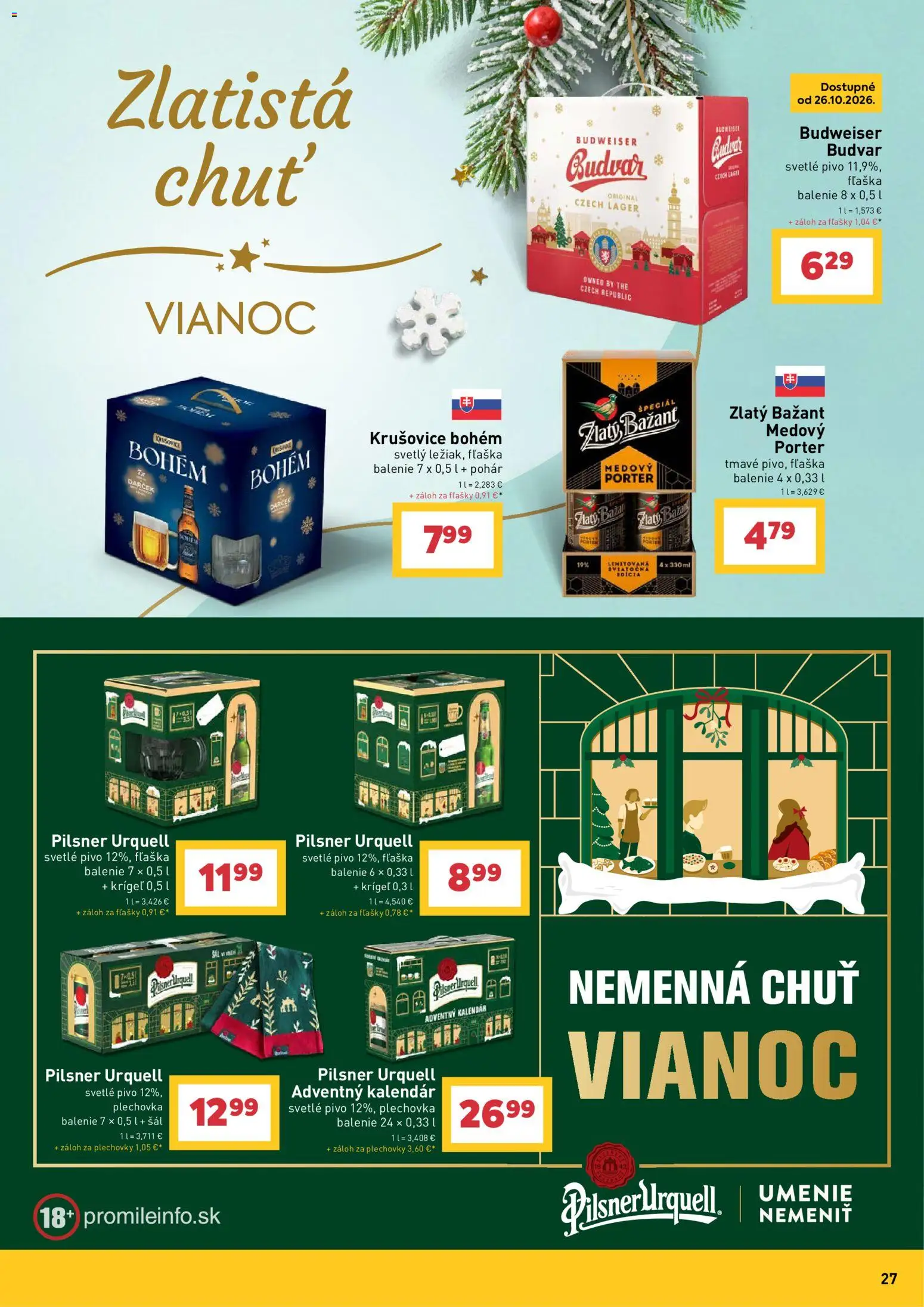 Náhľad Billa letáku platného od 14.10.2026 - Pivo, Adventný kalendár, Pilsner Urquell, Šál, Krušovice, Budvar, Zlatý Bažant