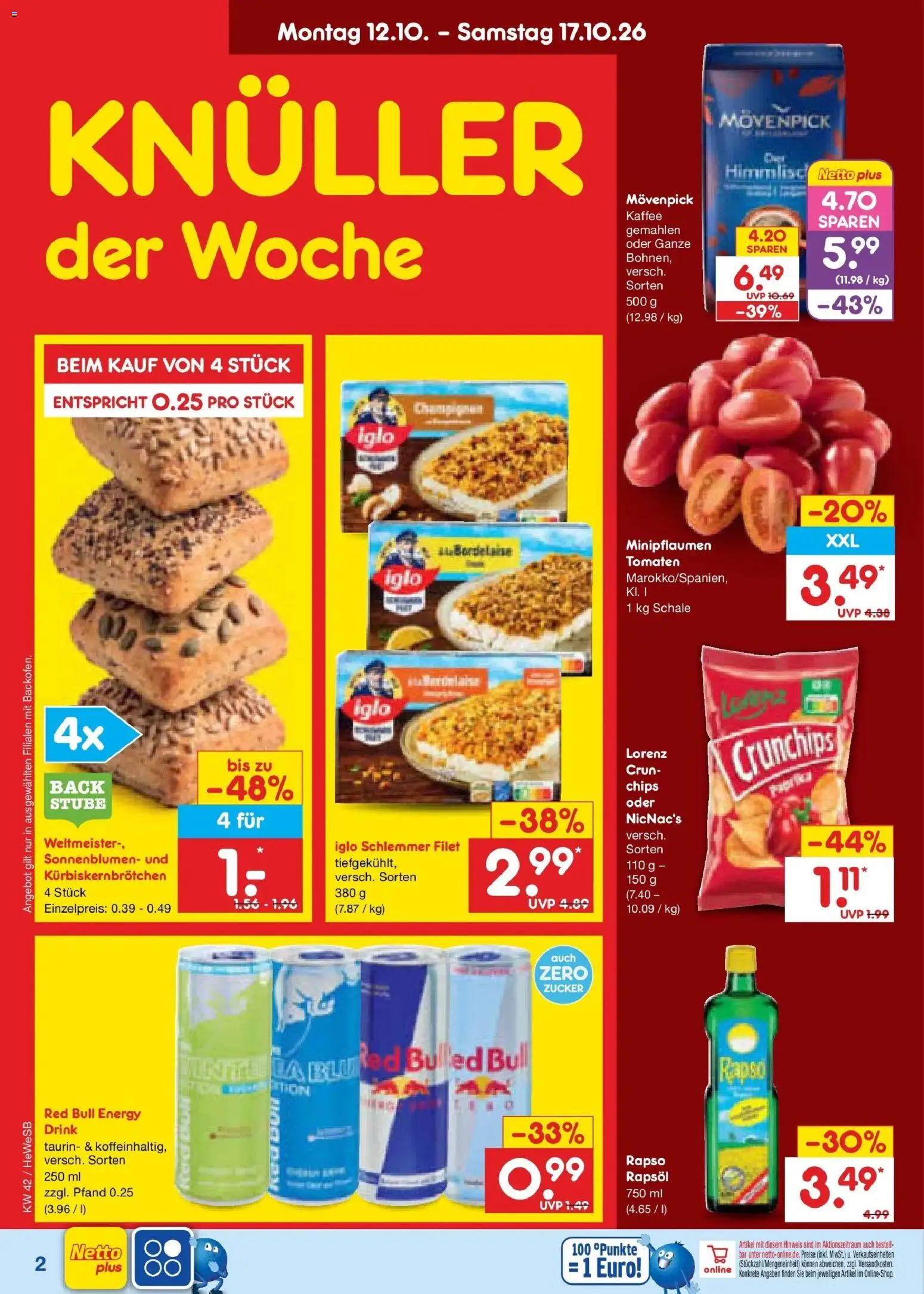 Vorschau von dem Prospekt des Geschäftes Netto Marken-Discount, gültig ab dem 12.10.2026 - Kaffee, Chips, Paprika, Energy, Rapsöl, Tomaten, Iglo, Lorenz crunchips
