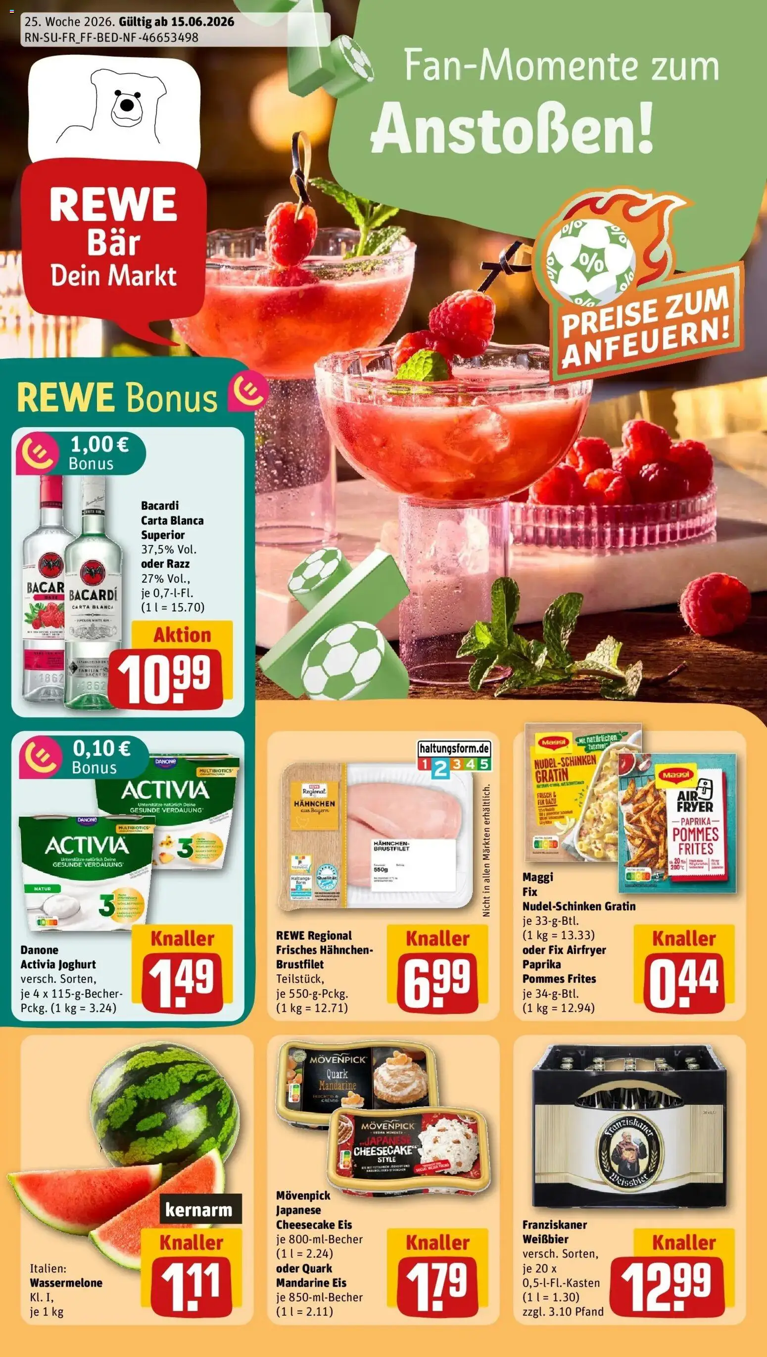Vorschau von dem Prospekt des Geschäftes Rewe, gültig ab dem 14.06.2026 - Joghurt, Pommes, Bacardi, Paprika, Wassermelone, Pommes frites, Franziskaner, Activia