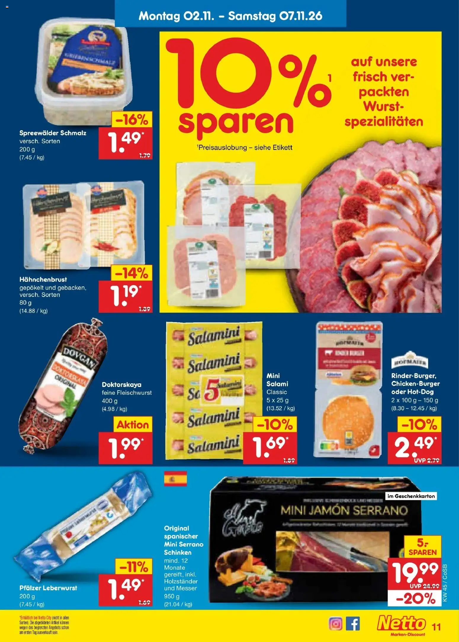 Vorschau von dem Prospekt des Geschäftes Netto Marken-Discount, gültig ab dem 02.11.2026 - Wurst, Salami, Schinken, Serrano schinken, Spezialitäten, Hahnchenbrust
