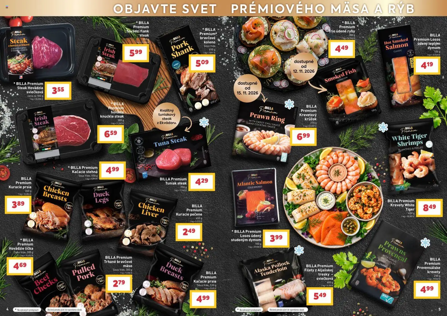 Náhľad Billa letáku platného od 21.10.2026 - Mäso, Kuracie prsia, Krevety, Kačacie prsia, Flank steak, Hovädzia sviečková, Tuniak steak, Stehná
