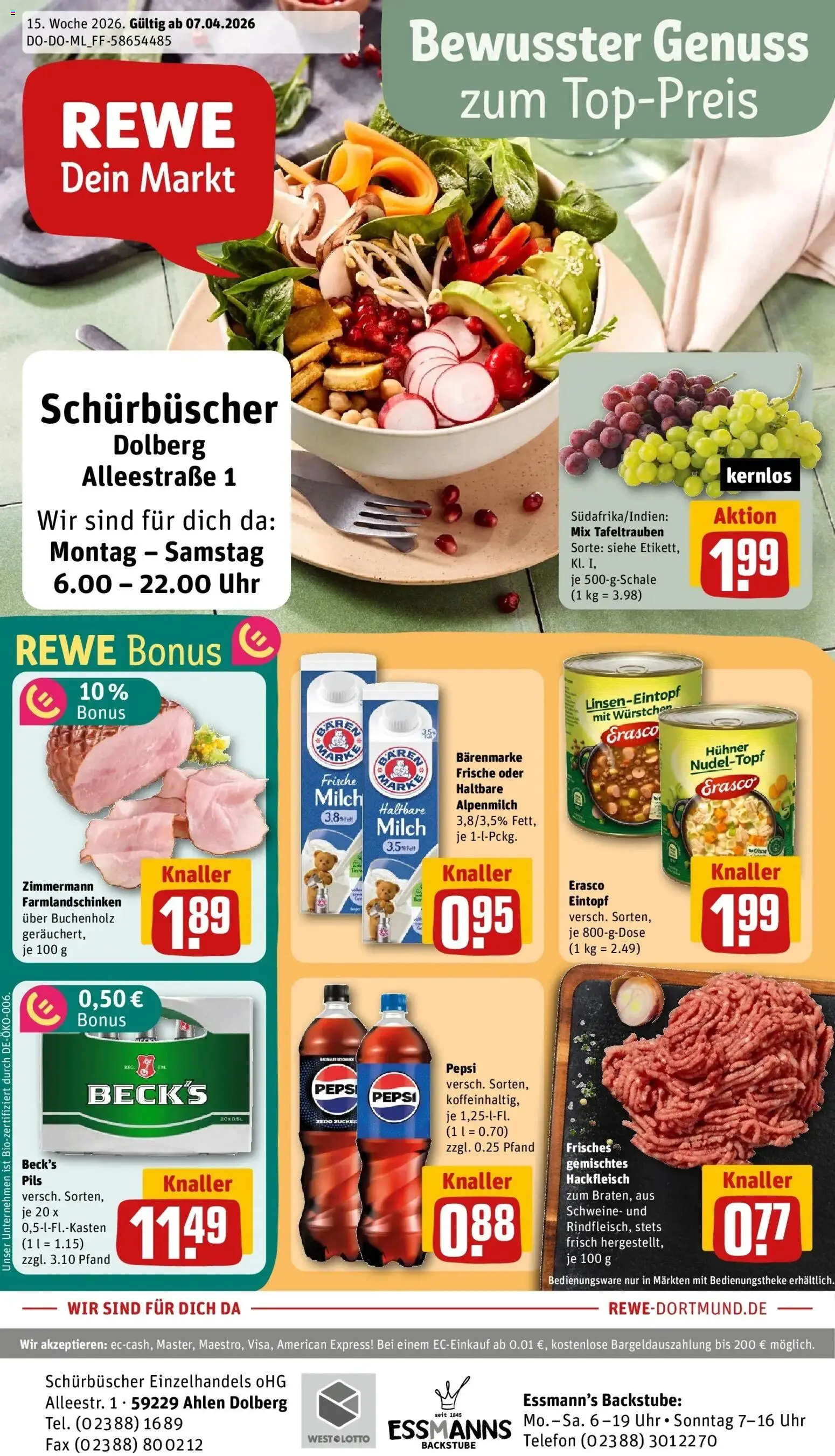 Vorschau von dem Prospekt des Geschäftes Rewe, gültig ab dem 05.04.2026 - Uhr, Telefon, Milch, Hackfleisch, Zucker, Pepsi, Pils, Erasco