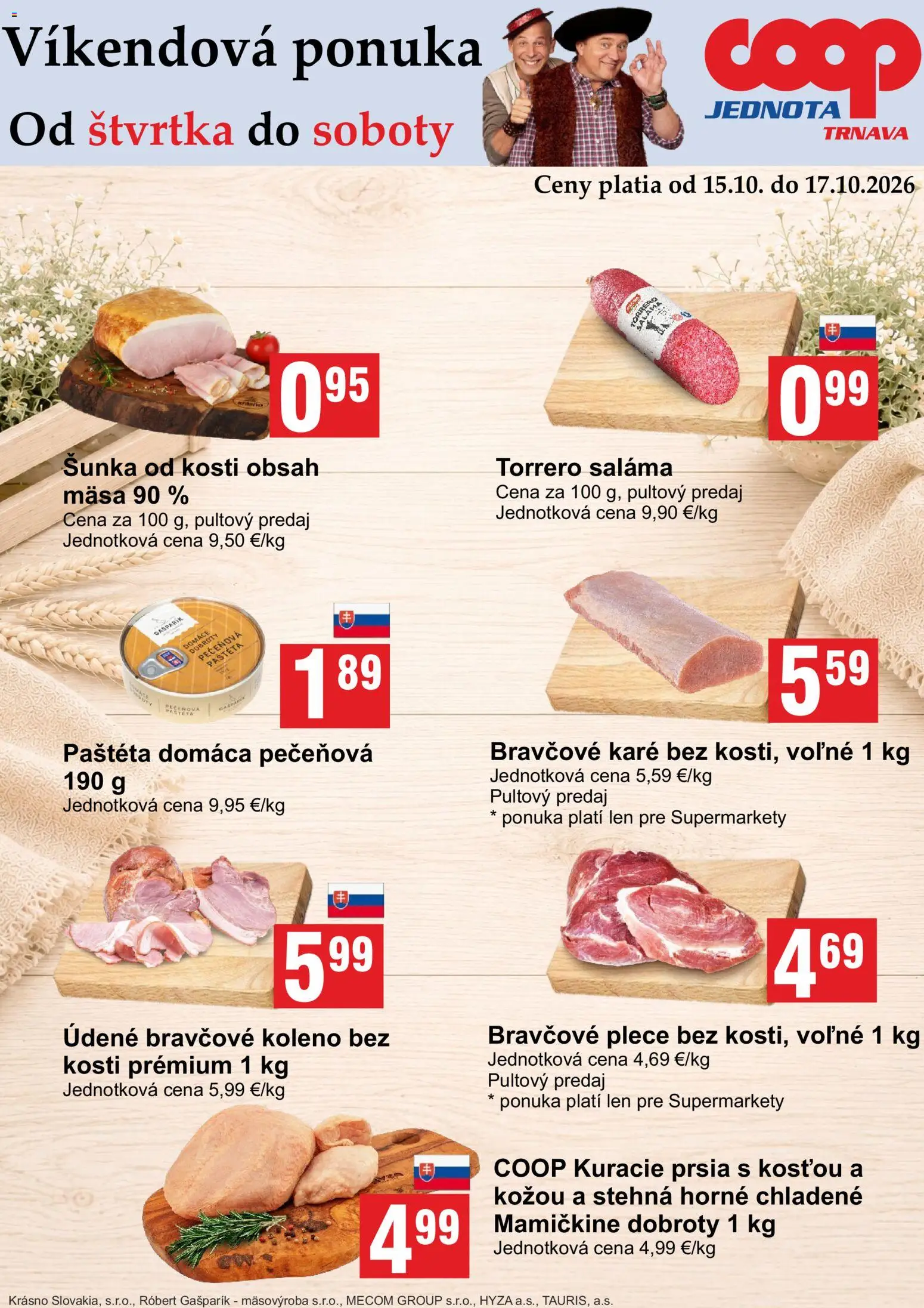 Náhľad COOP Jednota letáku platného od 15.10.2026 - Kuracie prsia, Bravčové karé, Šunka, Koleno, Saláma, Paštéta, Bravčové plece, Stehná
