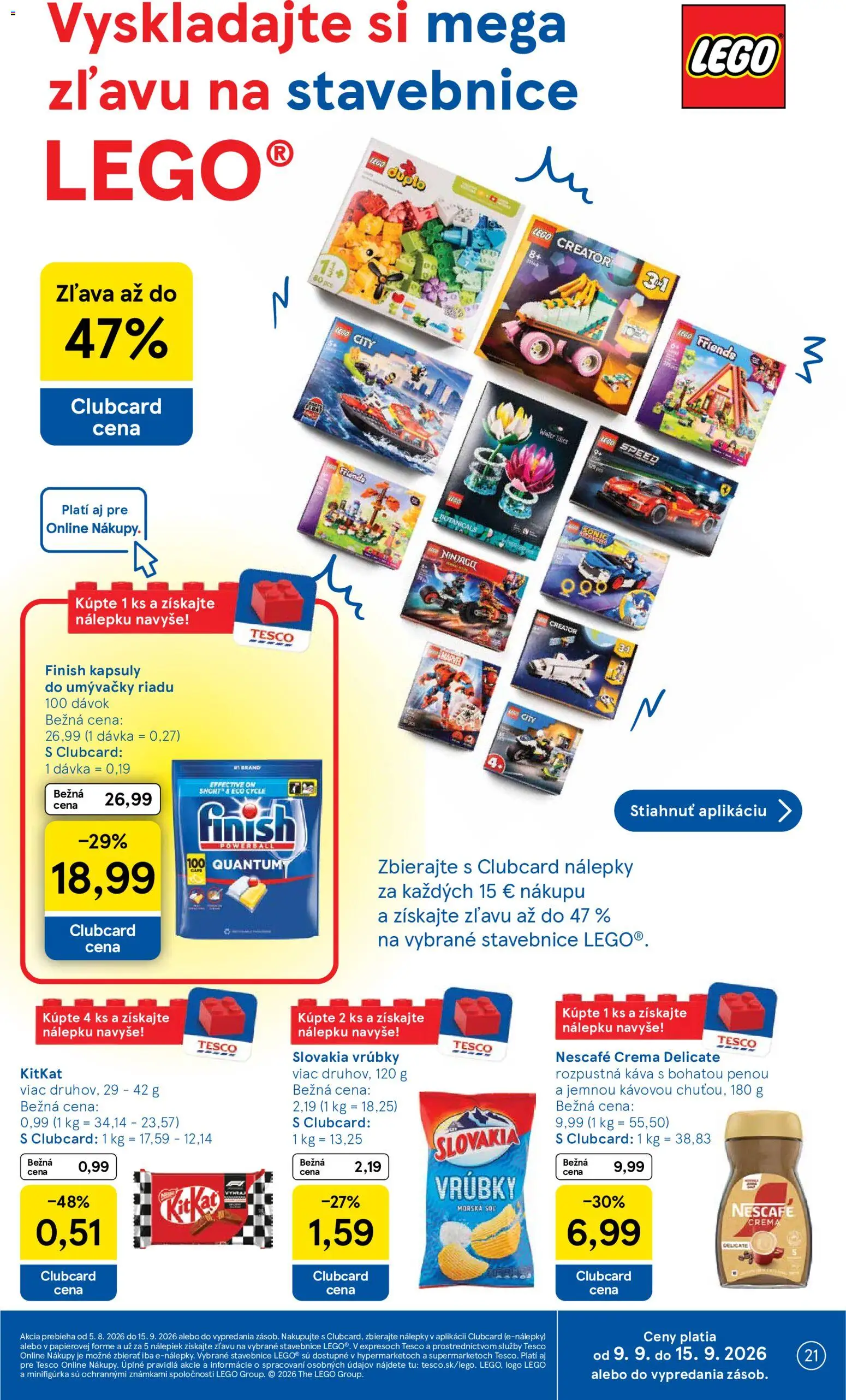 Náhľad Tesco letáku platného od 09.09.2026 - LEGO, Káva, Kapsuly do umývačky riadu, Nescafé Crema, Rozpustná káva
