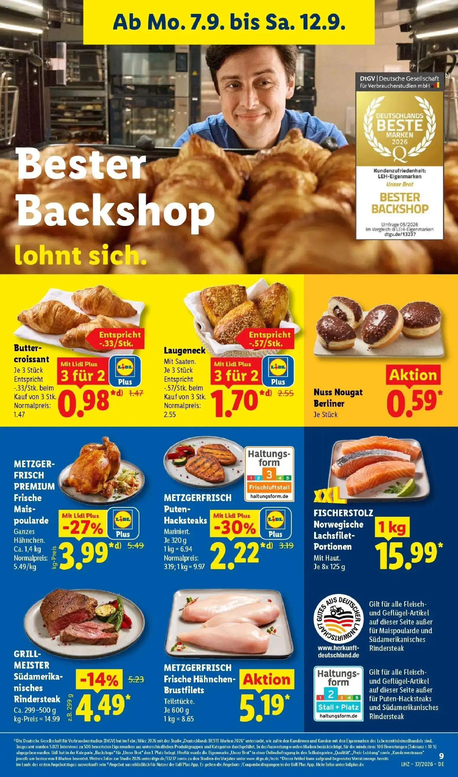 Vorschau von dem Prospekt des Geschäftes Lidl, gültig ab dem 07.09.2026 - Butter, Steak, Grill, Croissant, Brot, Fleisch, Mais, Hahnchen