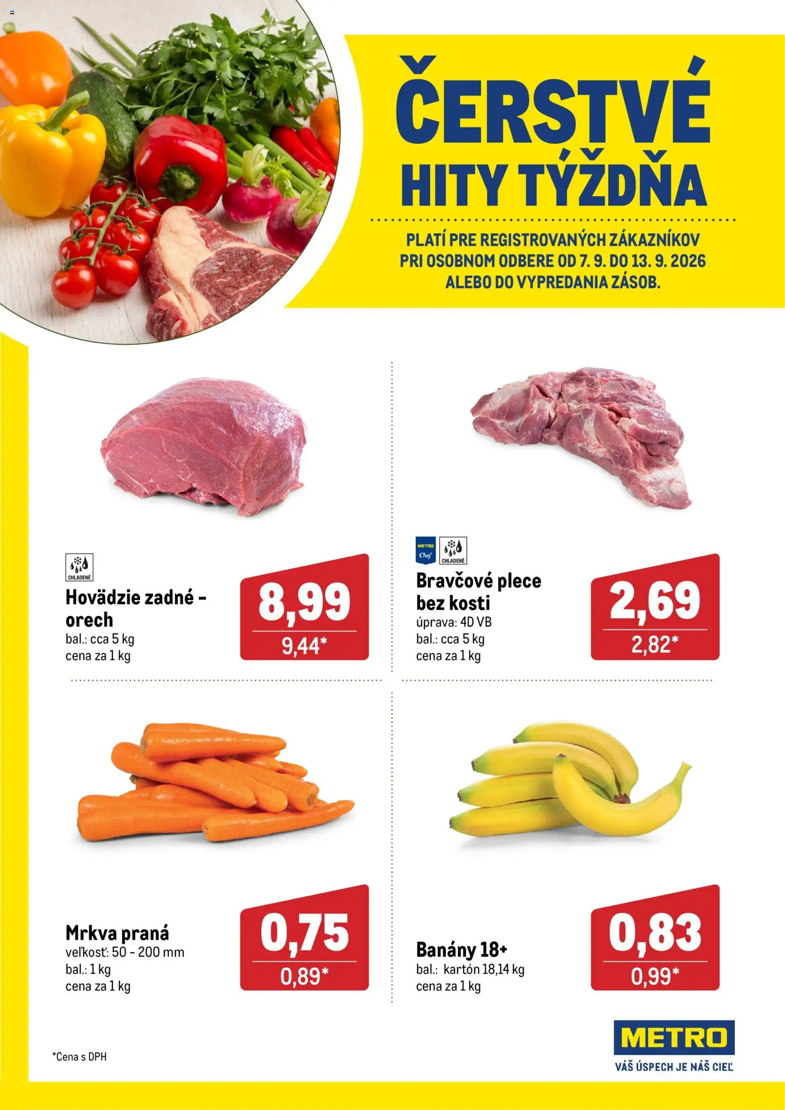 Náhľad Metro letáku platného od 07.09.2026 - Mrkva, Banány, Hovädzie zadné, Bravčové plece