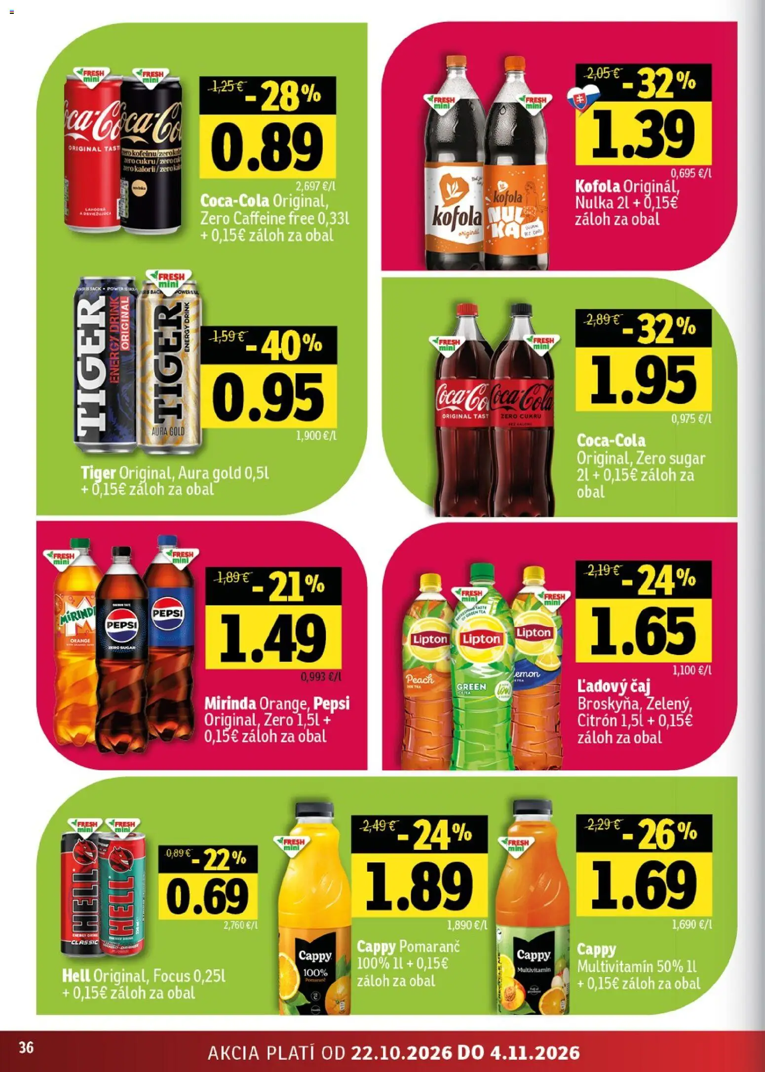 Náhľad Fresh letáku platného od 22.10.2026 - Kofola, Čaj, Pepsi, Multivitamín, Mirinda, Ľadový čaj