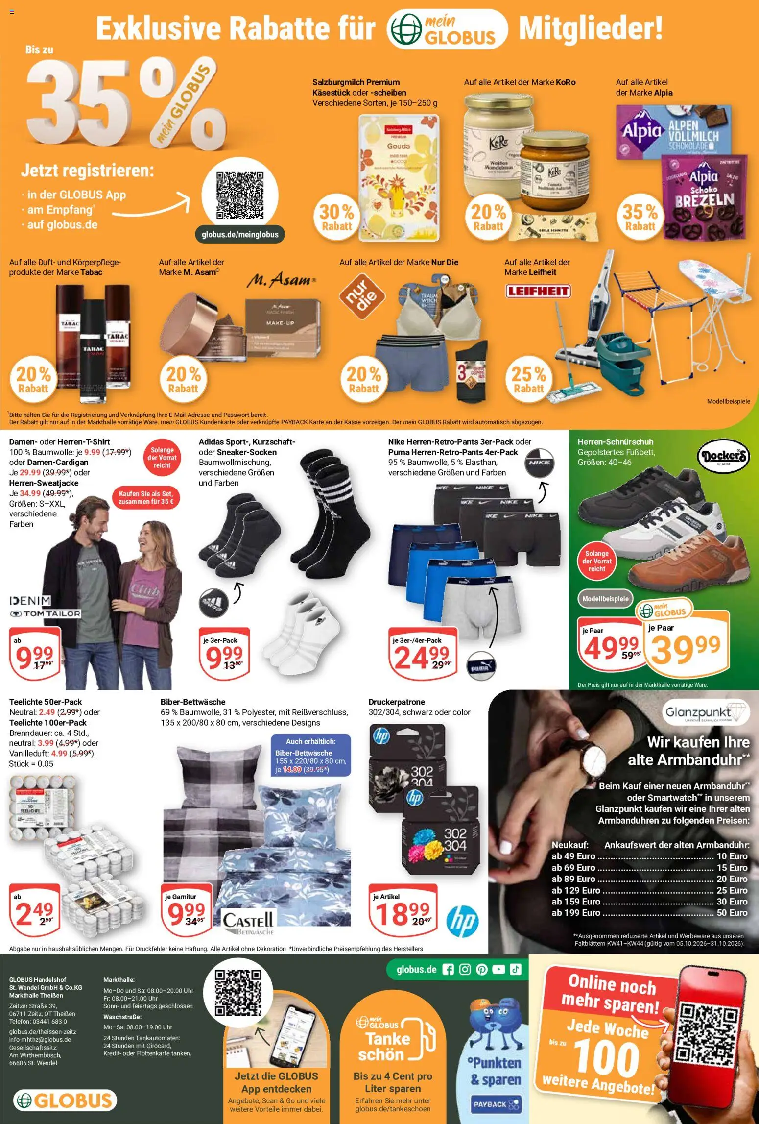 Vorschau von dem Prospekt des Geschäftes Globus, gültig ab dem 05.10.2026 - Uhr, Smartwatch, Telefon, Schokolade, Gouda, Duft