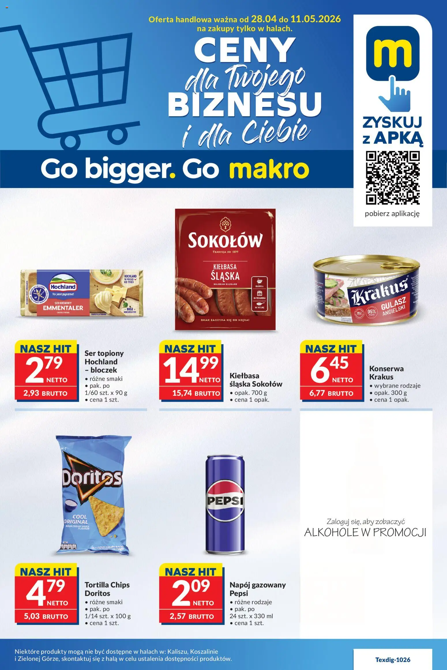 Pogląd gazetki "Makro gazetka" ze sklepu Makro ważnej od 28.04.2026 - Alkohole, Gulasz, Ser, Pepsi, Doritos, Kiełbasa, Ser topiony, Kiełbasa śląska