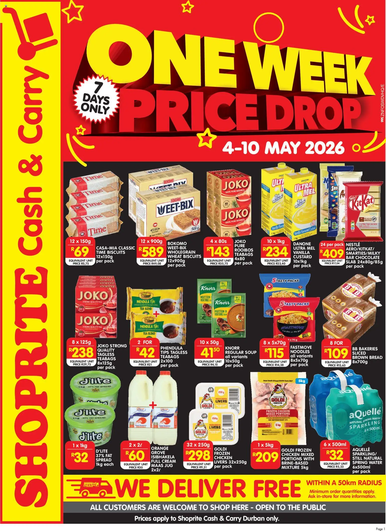 Preview of Shoprite flyer valid from 04/05/2026 - Water, Chicken, Tea, Bread, Biscuits, Soup, Spread, Frozen chicken