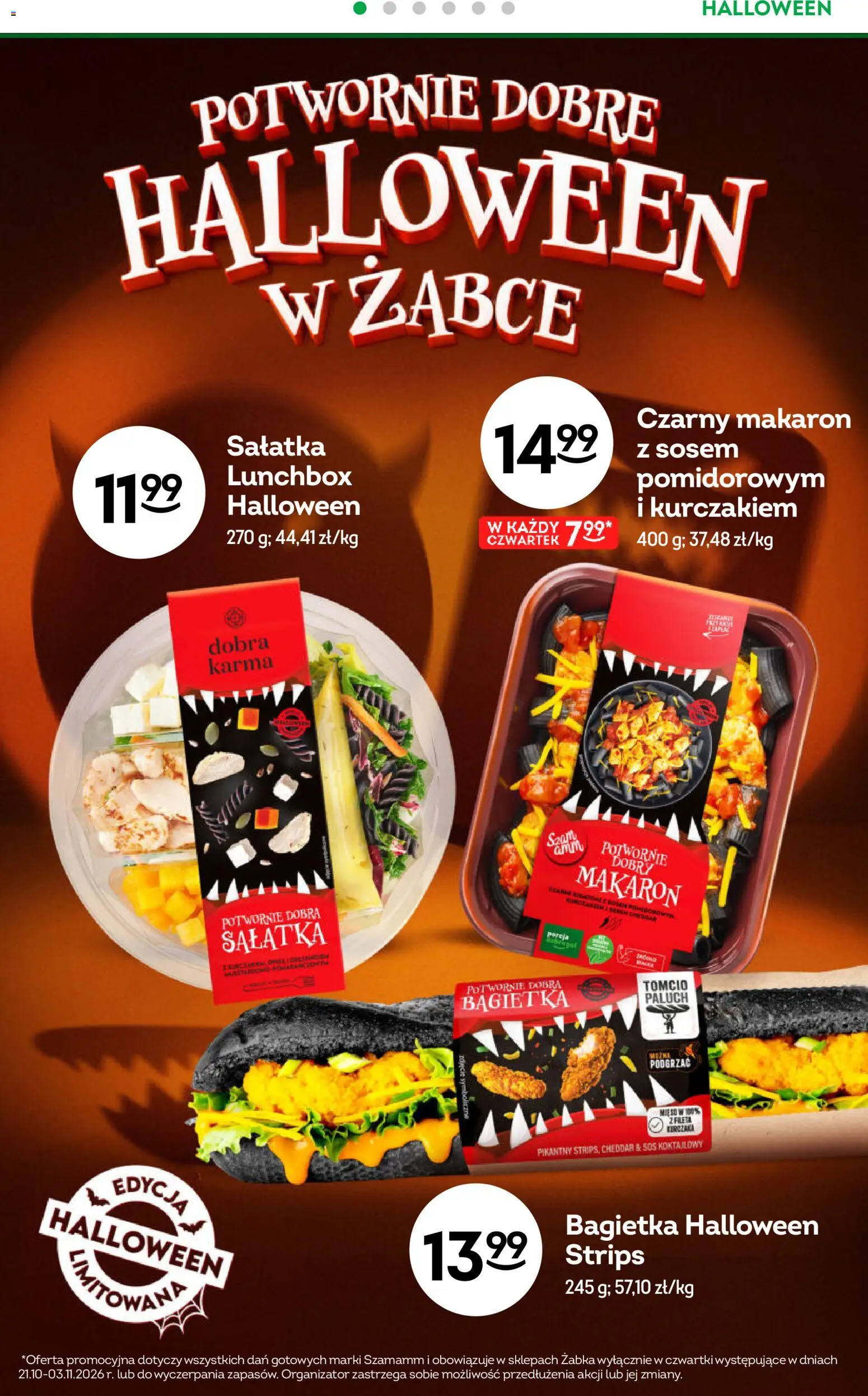 Pogląd gazetki "Żabka gazetka" ze sklepu Żabka ważnej od 21.10.2026 - Makaron, Sałatka, Lunchbox, Karma, Sos, Bagietka, Cheddar, Czarny makaron