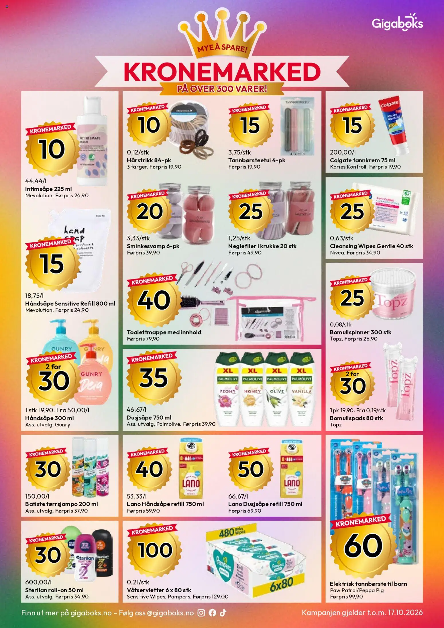 Forhåndsvis Gigaboks kundeavis fra butikk Gigaboks gyldig fra 12/10/2026 - Tannkrem, Wipes, Håndsåpe, Hårstrikk, Bomullspads, Toalettmappe, 1, Våtservietter
