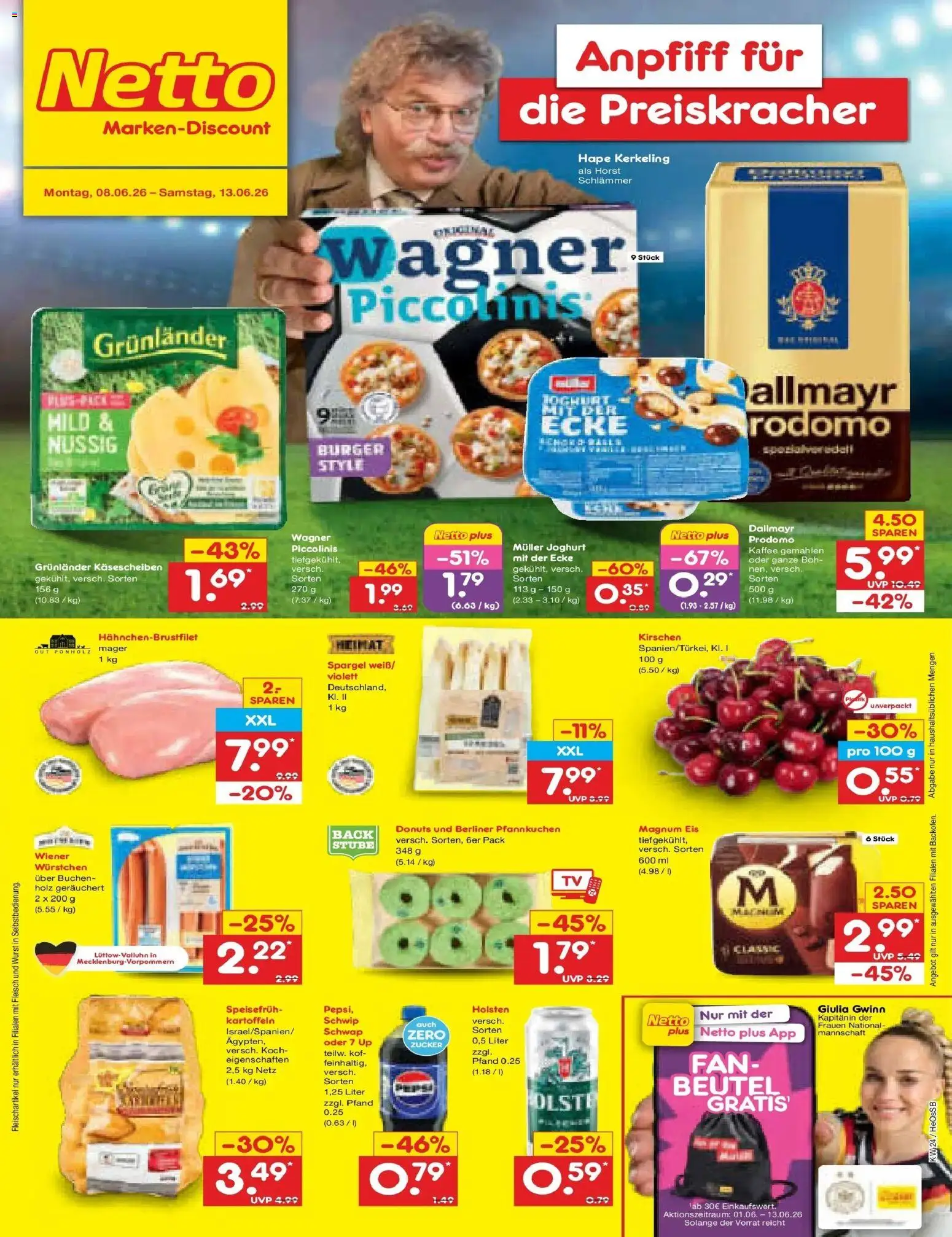 Vorschau von dem Prospekt des Geschäftes Netto Marken-Discount, gültig ab dem 08.06.2026 - Kaffee, Pfannkuchen, Donuts, Fleisch, Berliner, Zucker, Piccolinis, Kartoffeln