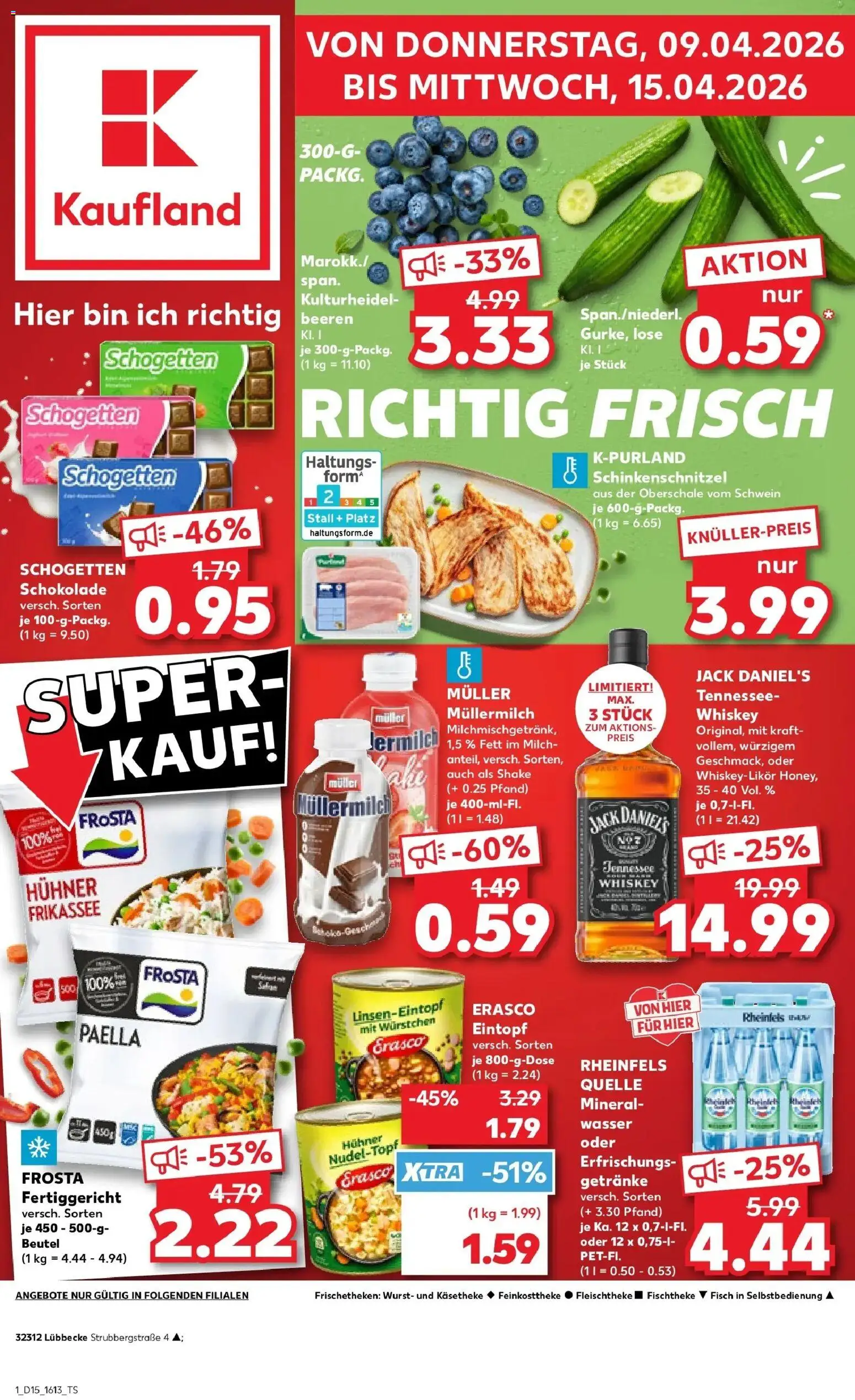 Vorschau von dem Prospekt des Geschäftes Kaufland, gültig ab dem 08.04.2026 - Wasser, Schokolade, Wurst, Mineralwasser, Frosta, Whiskey, Schogetten, Jack Daniel's