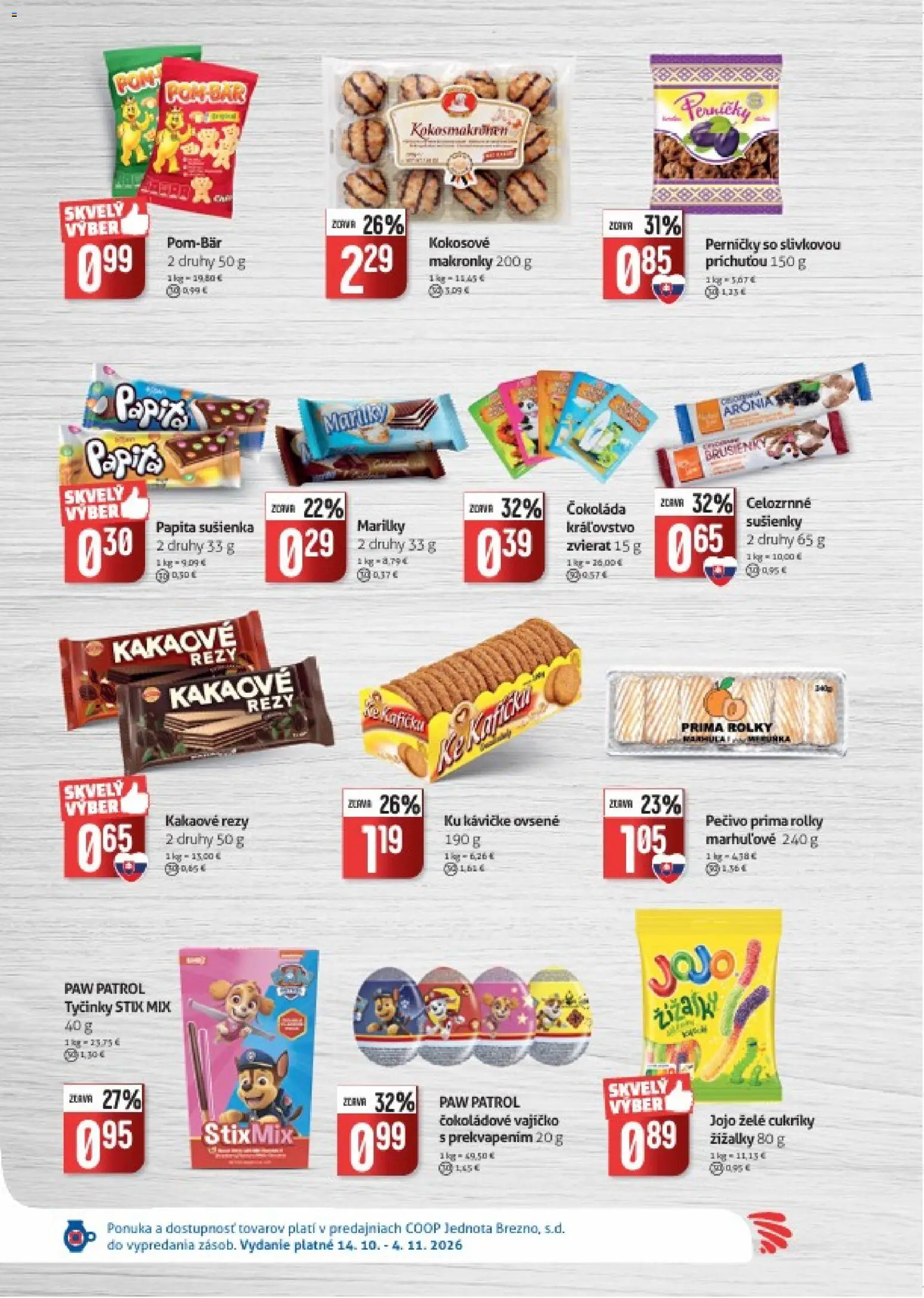 Náhľad COOP Jednota letáku platného od 14.10.2026 - Čokoláda, Makronky, Pečivo, Cukríky, Sušienky, Čokoládové vajíčko
