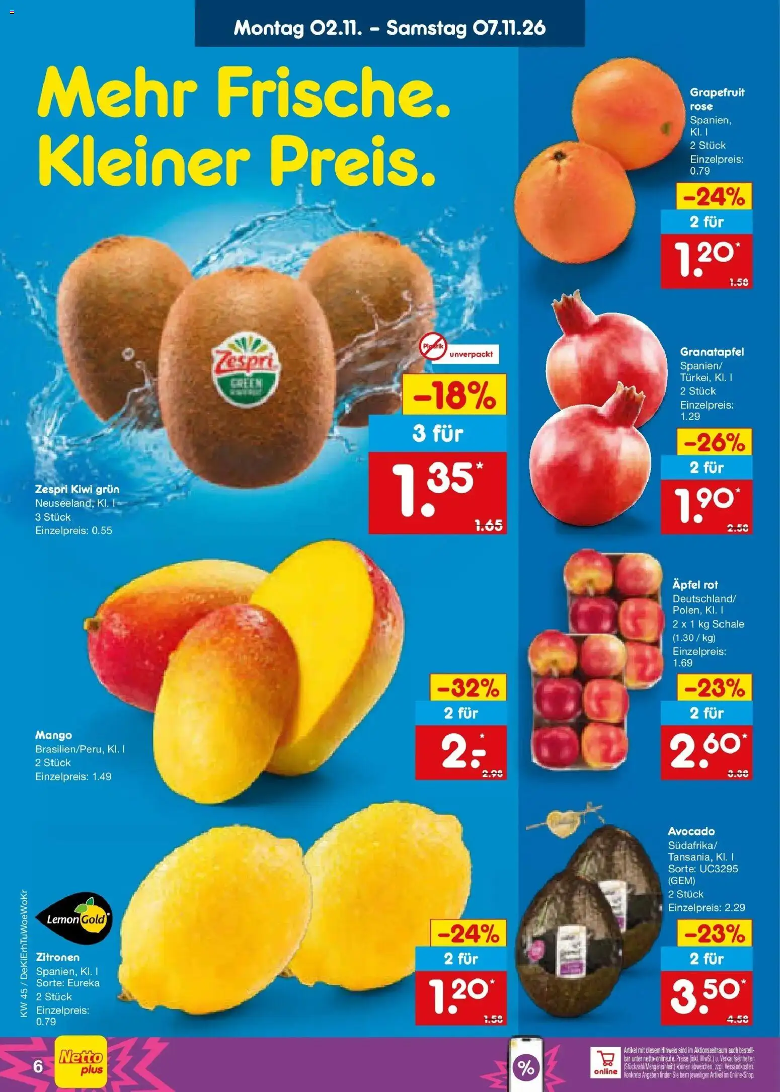 Vorschau von dem Prospekt des Geschäftes Netto Marken-Discount, gültig ab dem 02.11.2026 - Mango, Äpfel, Avocado, Kiwi, Granatapfel, Grapefruit, Zitronen