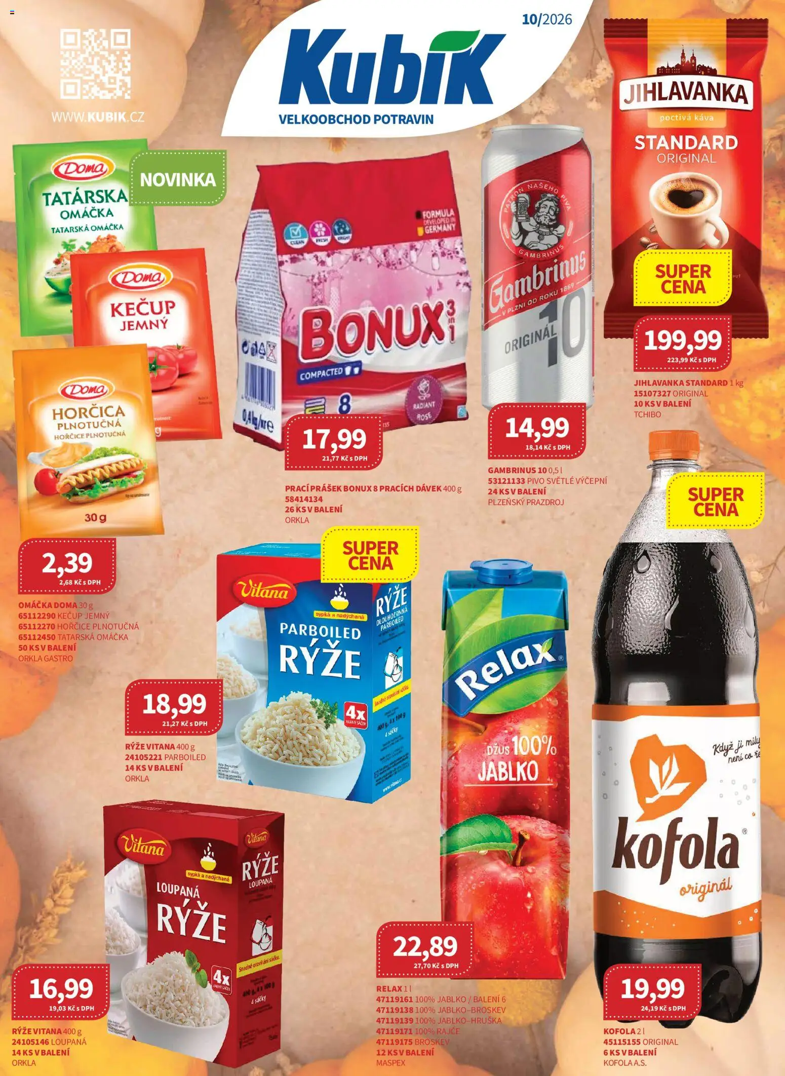 Náhled nabídky: Kubík Kubík leták - Velkoobchod 08/2026 platný od 01.10.2026 - Rajče, Kofola, Hořčice, Gambrinus, Jihlavanka, Tatarská omáčka, Sáček, Bonux