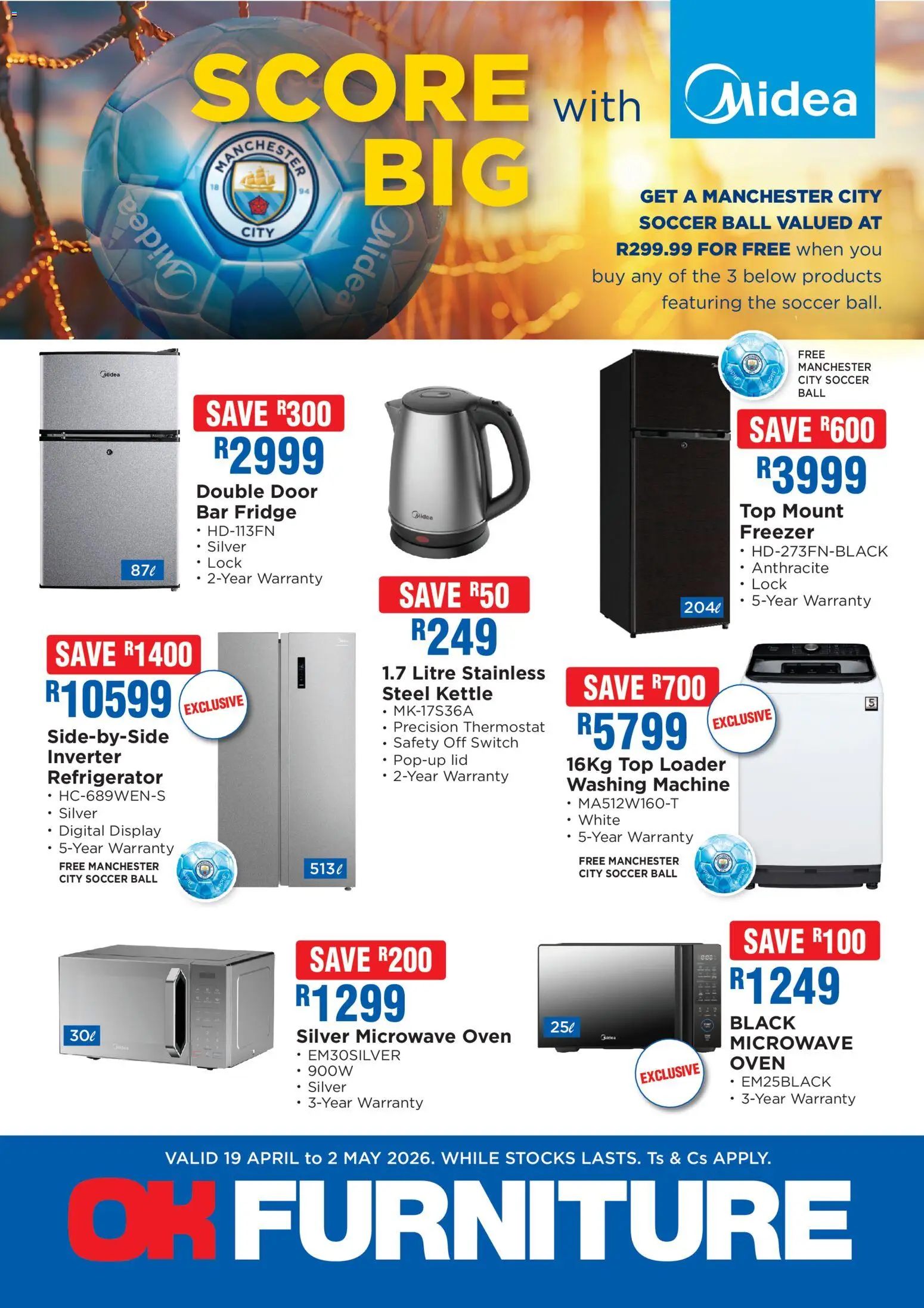 Preview of OK Furniture flyer valid from 19/04/2026 - Washing machine, Fridge, Kettle, Lock, Switch, Refrigerator, Oven, Microwave oven
