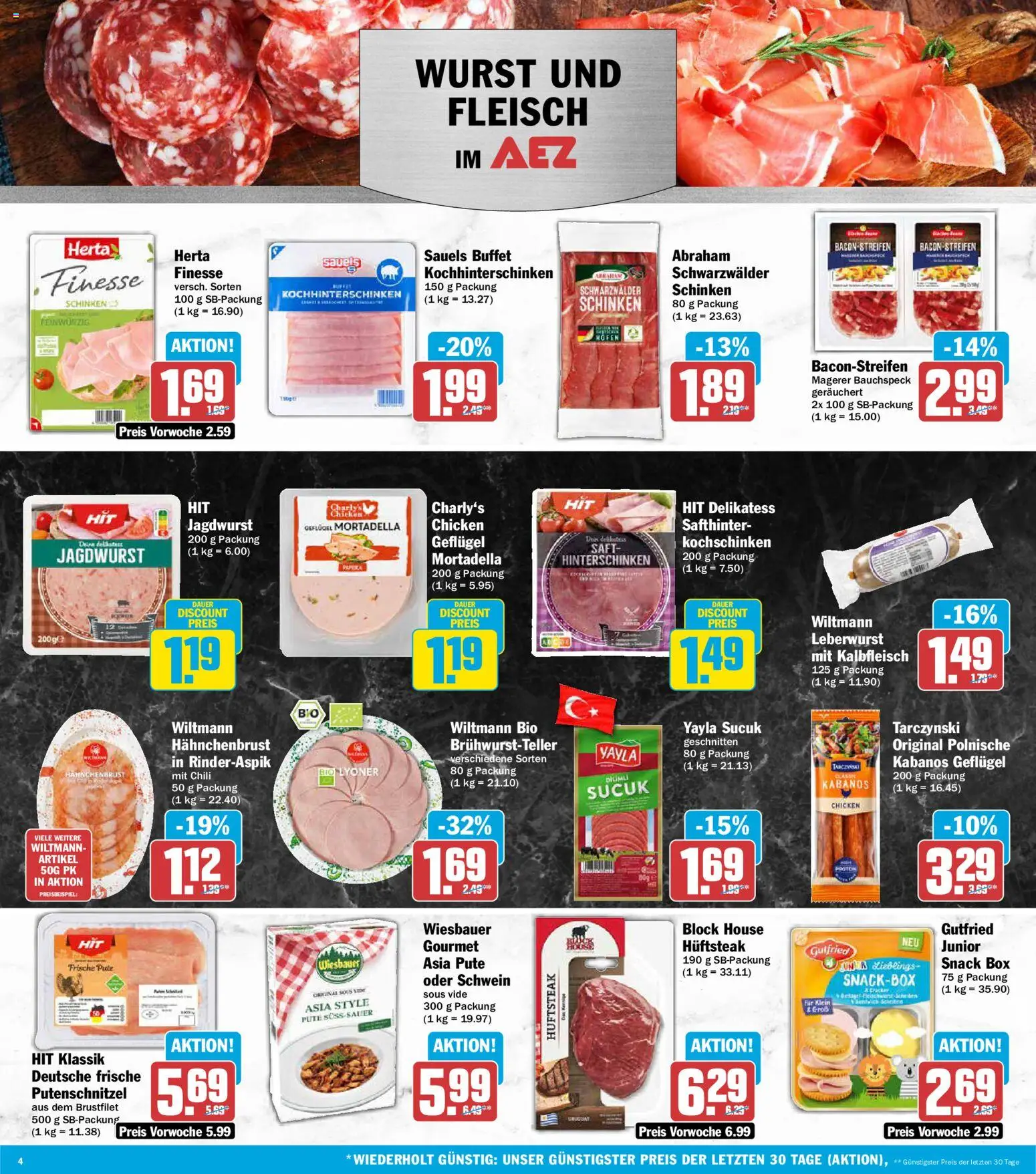 Vorschau von dem Prospekt des Geschäftes AEZ, gültig ab dem 05.10.2026 - Wurst, Fleisch, Box, Chili, Schinken, Putenschnitzel, Saft, Hahnchenbrust