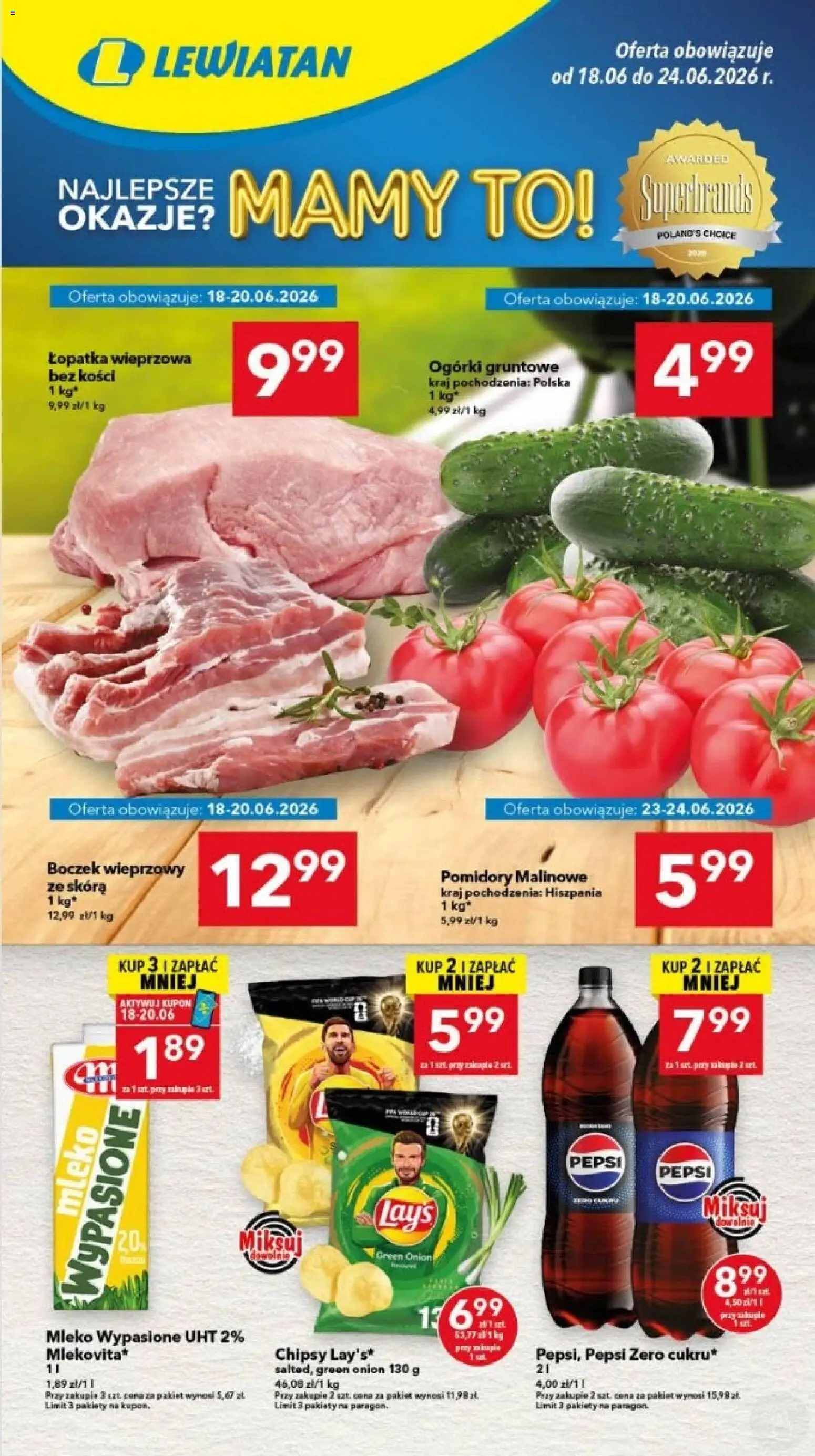 Pogląd gazetki "Lewiatan gazetka - Legnica" ze sklepu Lewiatan ważnej od 18.06.2026 - Chipsy, Pepsi, Boczek, Ogórki gruntowe, Pepsi Zero, Pomidory malinowe, Boczek wieprzowy, Mleko wypasione