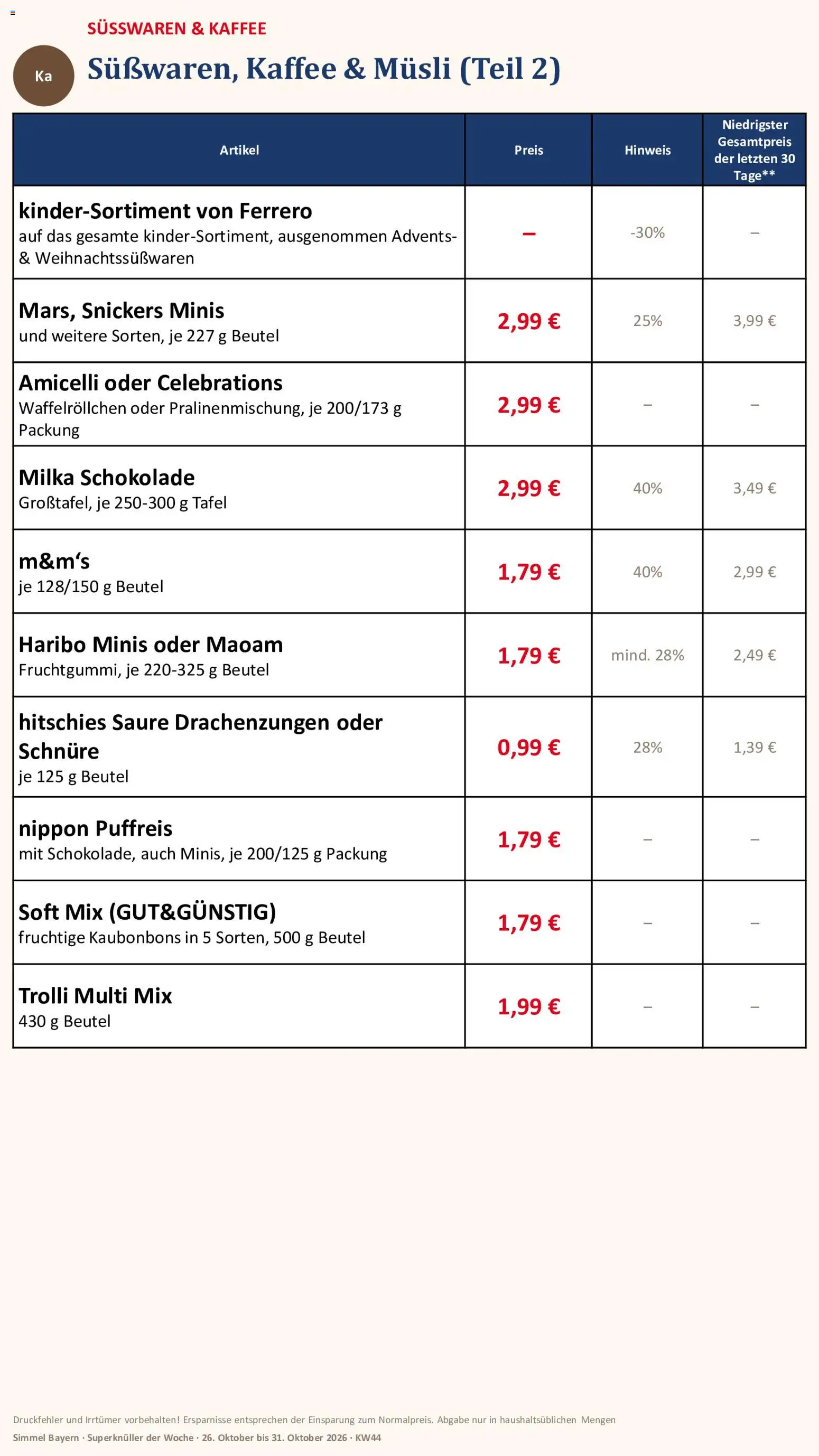 Vorschau von dem Prospekt des Geschäftes Simmel, gültig ab dem 26.10.2026 - Kaffee, Haribo, Milka schokolade, Snickers, Celebrations, Süßwaren, M&M's, Musli
