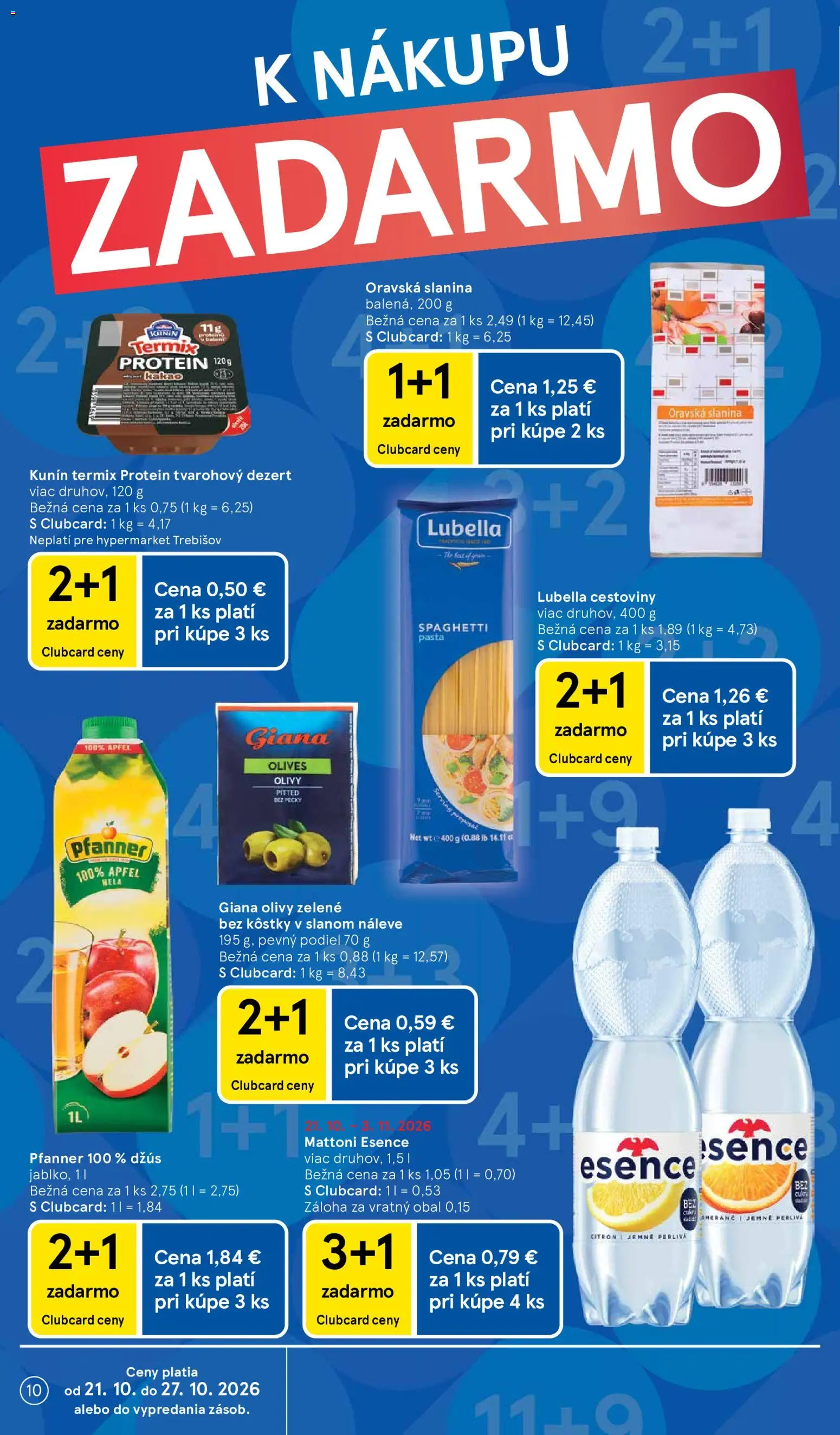 Náhľad Tesco letáku platného od 21.10.2026 - Protein, Cestoviny, Kakao, Slanina, Mattoni, Džús, Olivy, Termix