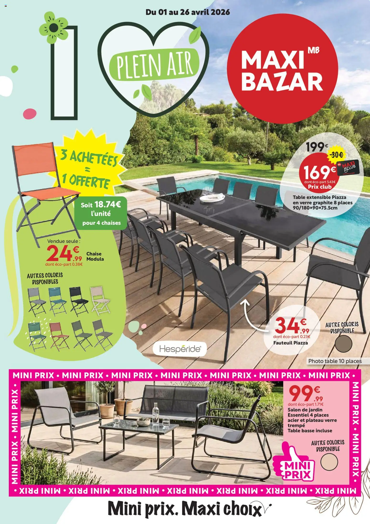 Prévisualisation de Maxi Bazar catalogue du magasin Maxi Bazar formulaire valide 01/04/2026 - Salon de jardin, Table basse, Fauteuil, Chaises, Chaise, Table, Table extensible, Plateau
